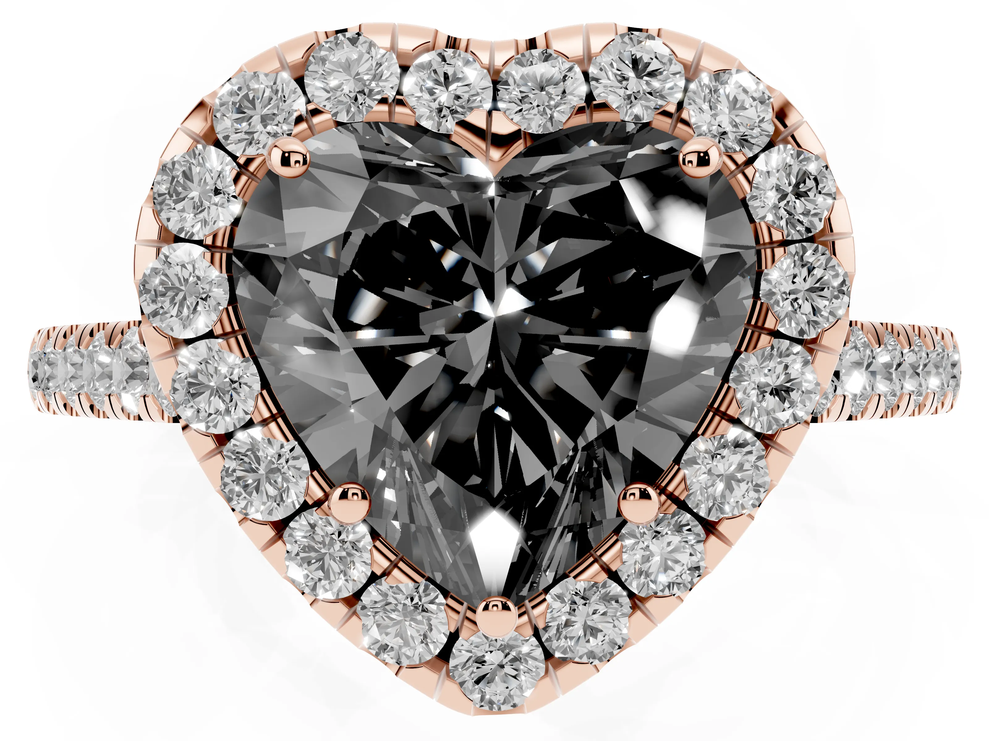 Fancy Black Heart Cut Diamond Halo Pavé Engagement Ring Set in Rose gold with Prong Setting