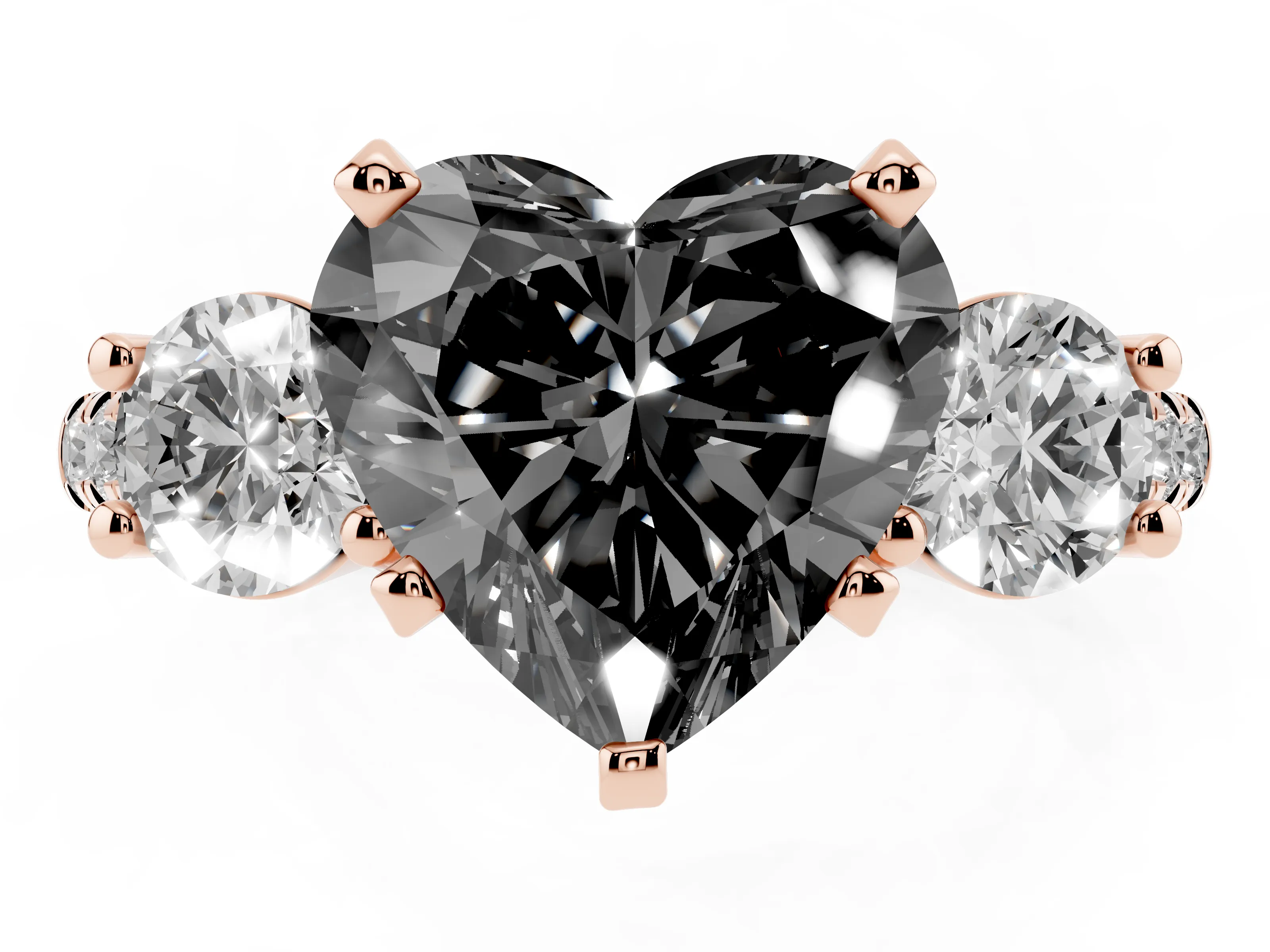 Fancy Black Three-Stone Heart Cut Diamond Pavé Band Ring Set in Rose gold with Prong-Set Trio
