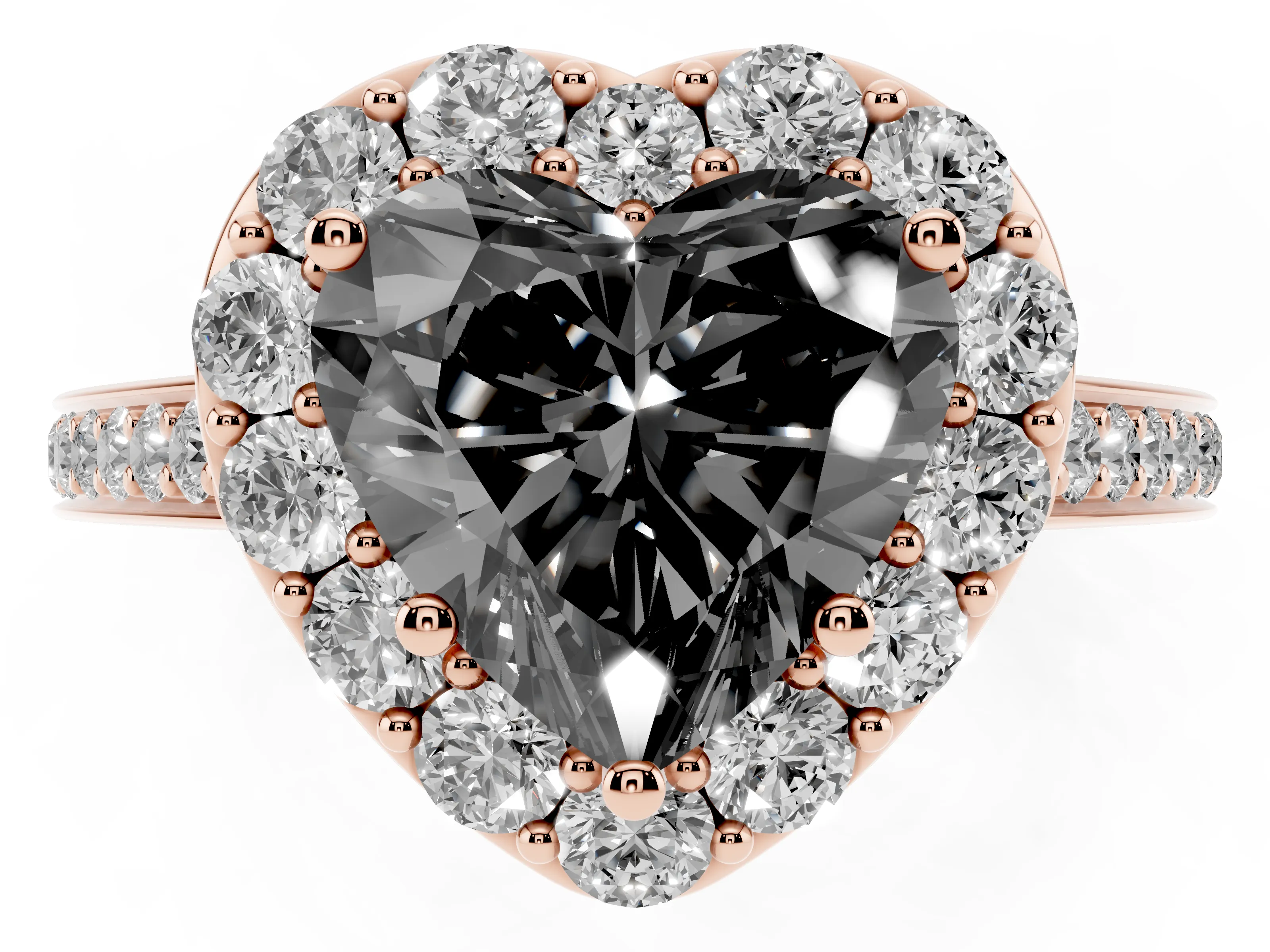 Fancy Black Heart Cut Diamond Floral Halo Ring Set in Rose gold with Pavé Band and Prong Setting