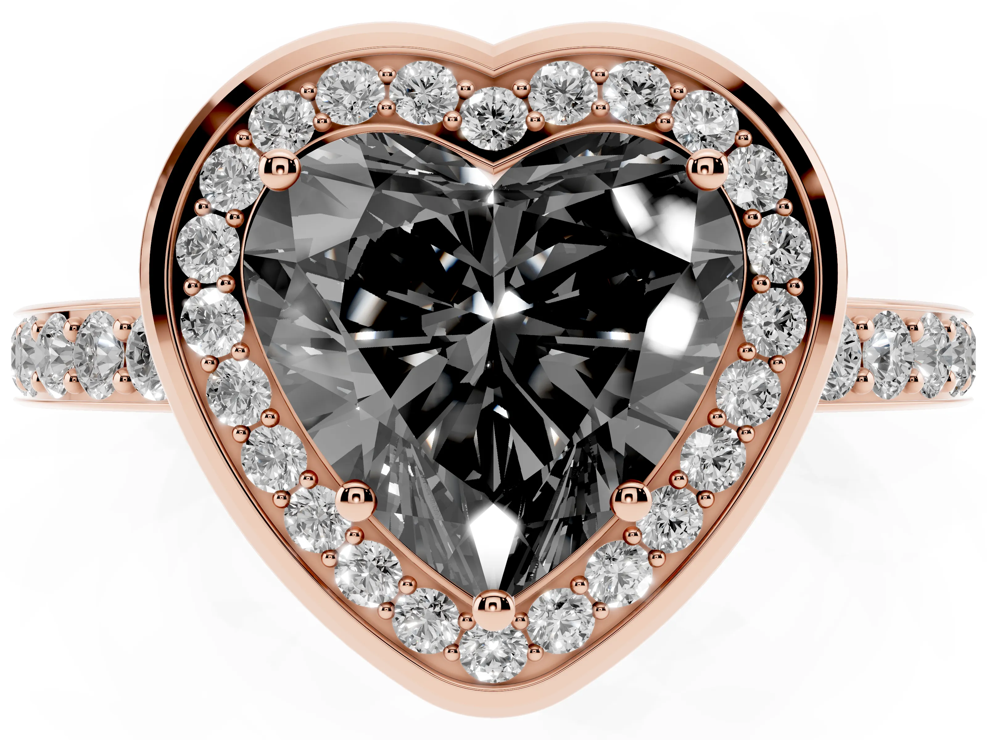 Fancy Black Heart Cut Diamond Halo Ring Set in Rose gold with Bezel Frame and Pavé Band