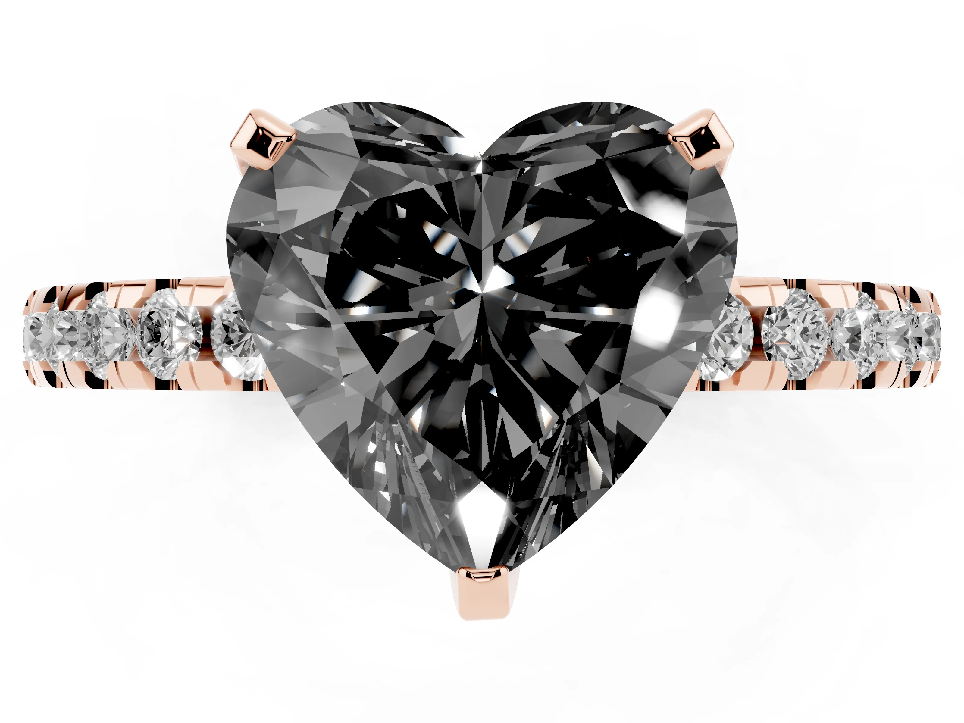 Fancy Black Heart Cut Diamond Pavé Solitaire Ring Set in Rose gold with Round Band Accents and Prong Setting