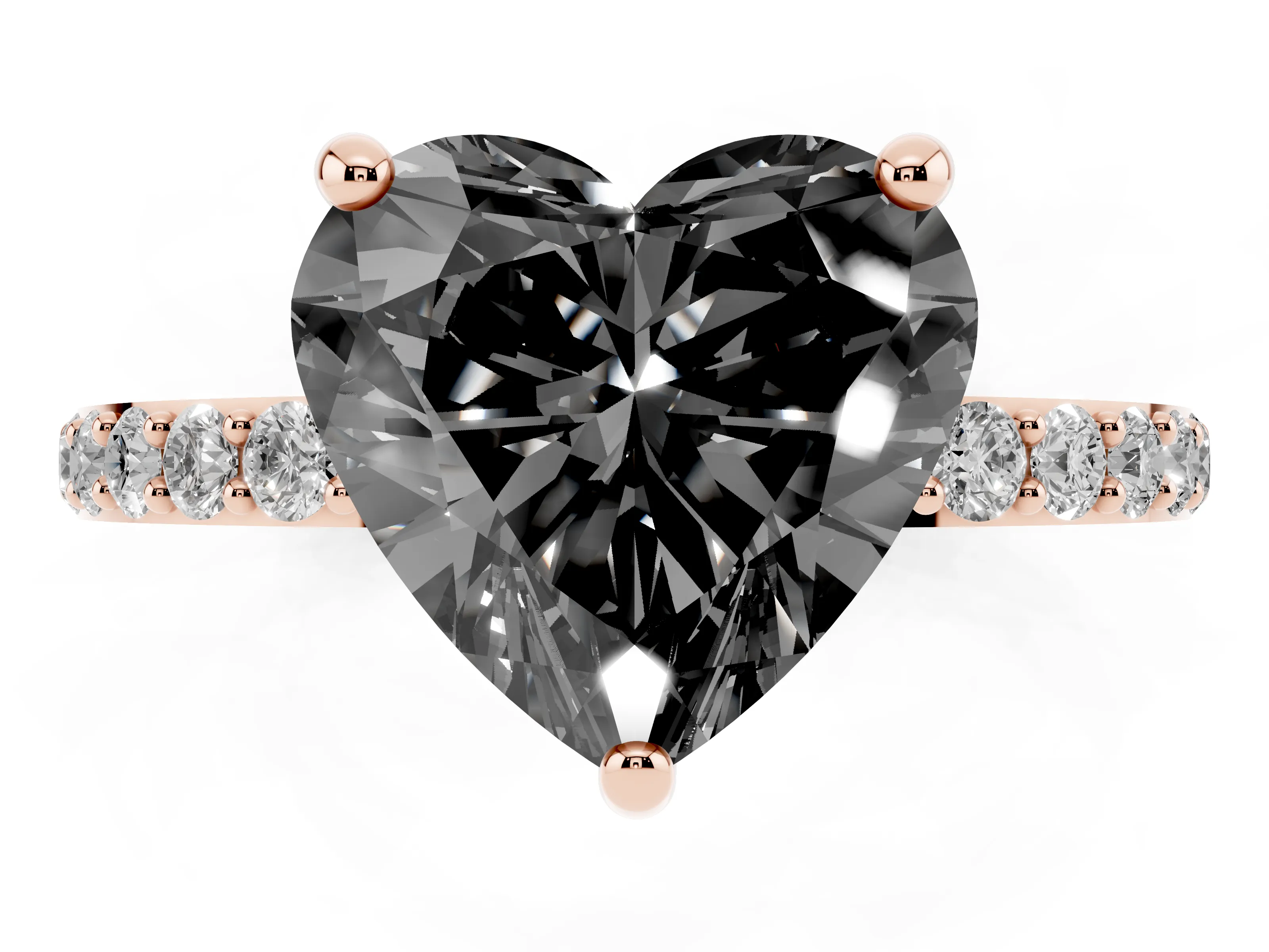 Fancy Black Heart Cut Diamond Solitaire Ring Set in Rose gold with Round Pavé Band and Prong Setting