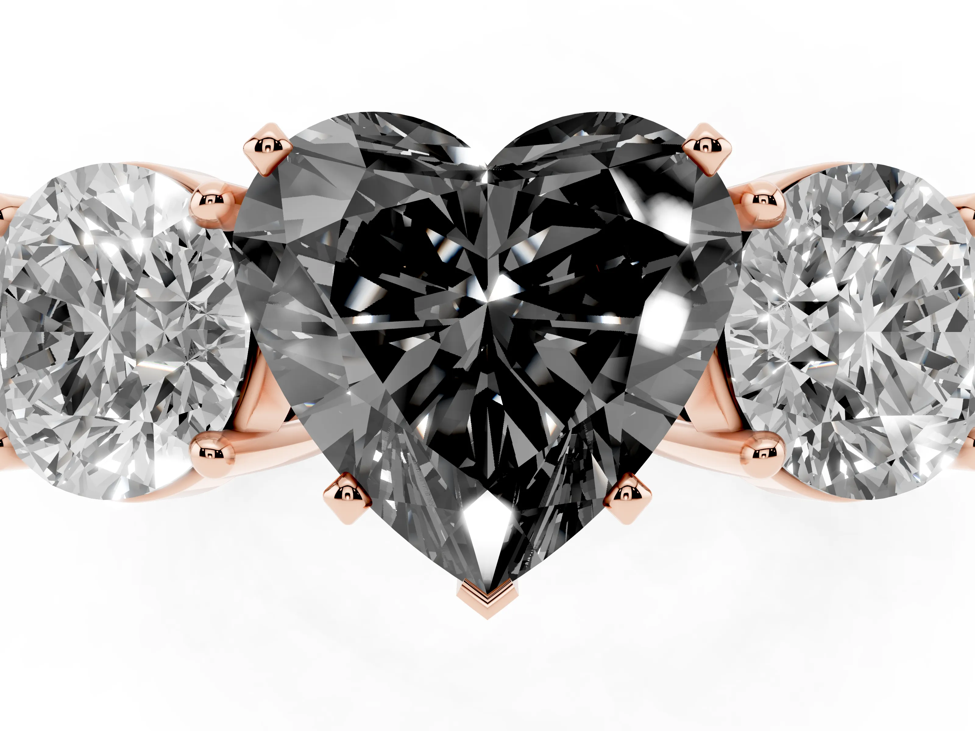 Fancy Black Heart Cut Diamond Three-Stone Ring Set in Rose gold with Round Side Stones and Classic Band