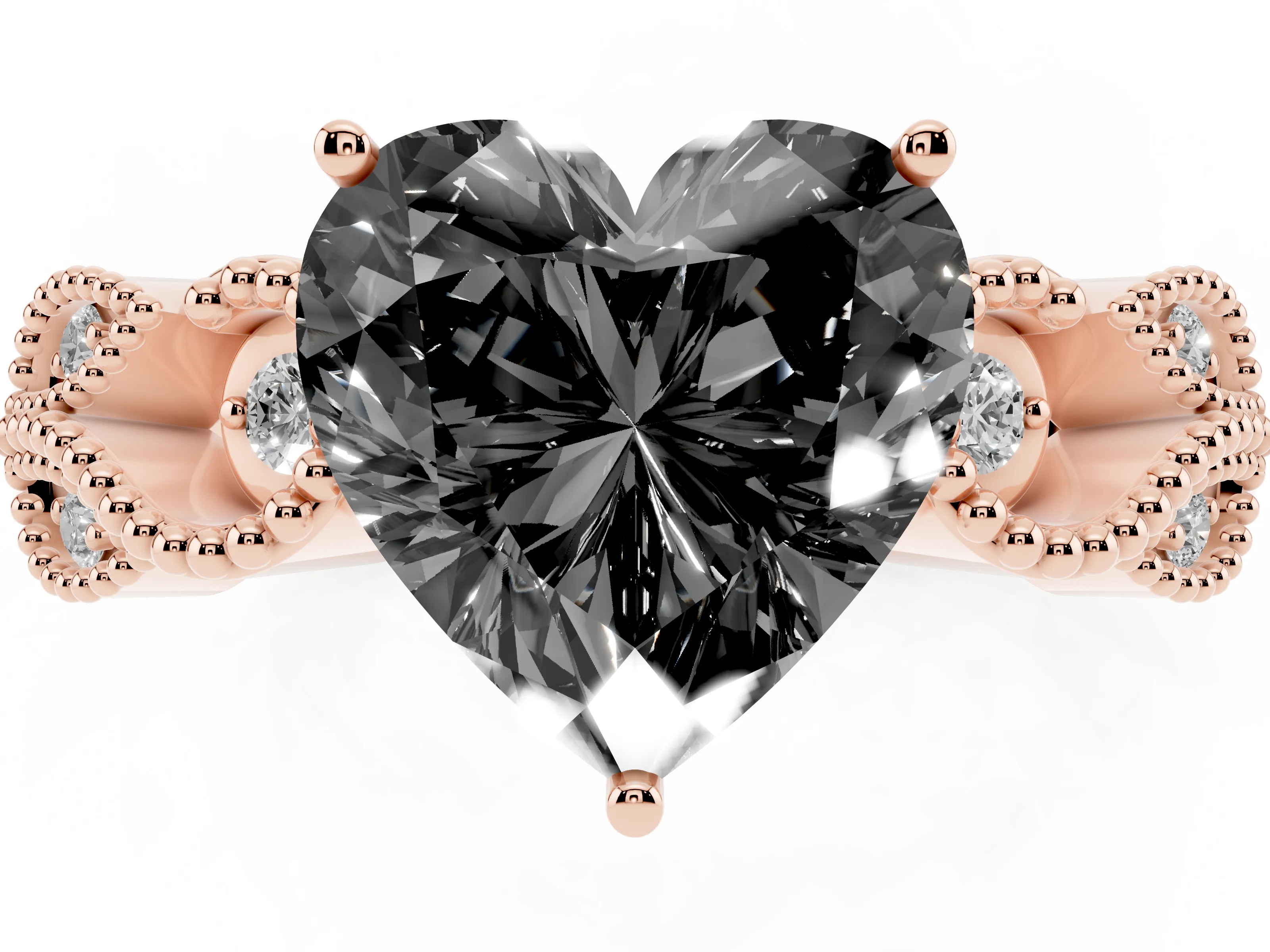 Fancy Black Heart Cut Diamond Milgrain Leaf Band Solitaire Ring Set in Rose gold with Accent Stones and Prong Setting