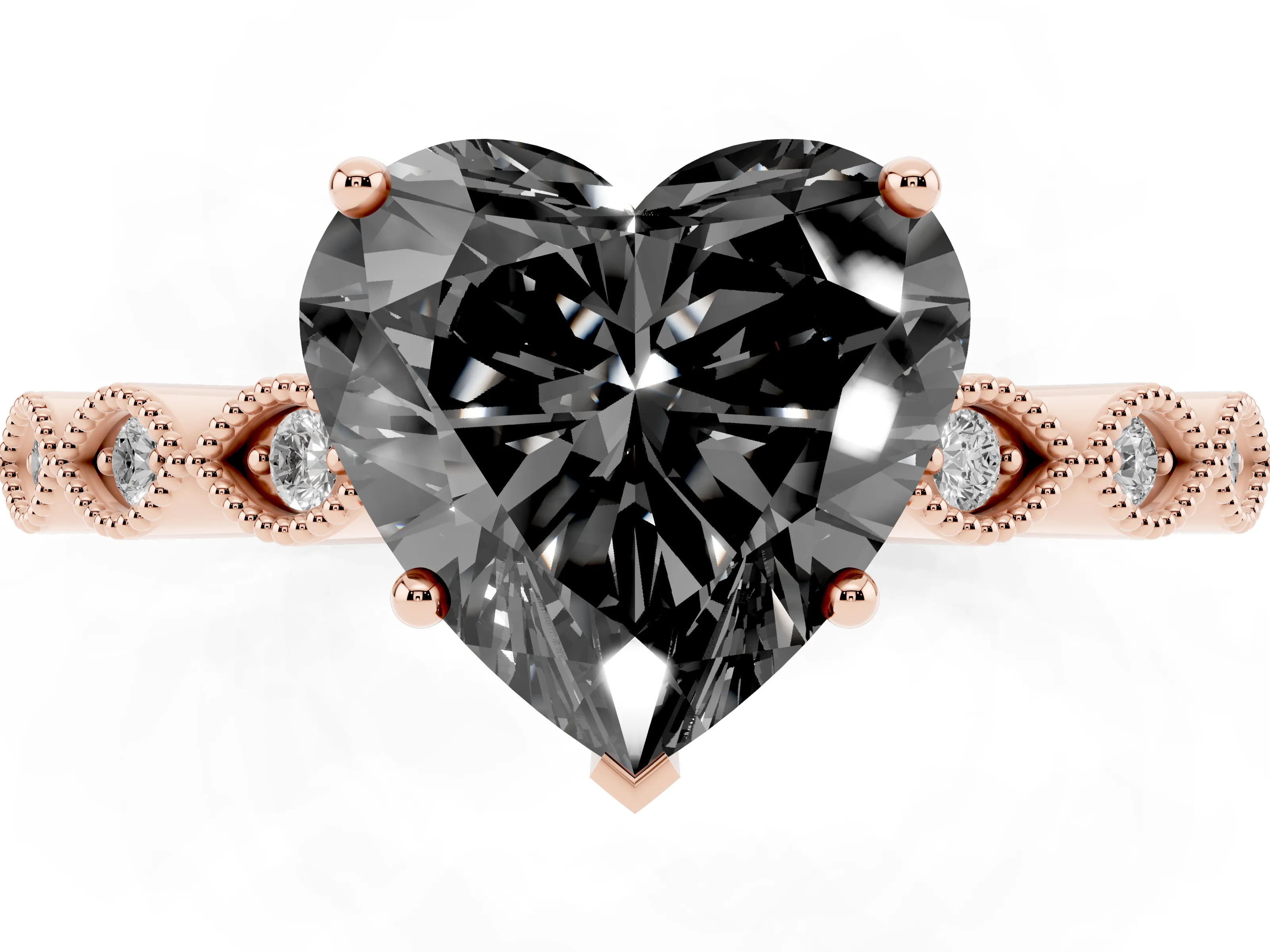 Fancy Black Heart Cut Diamond Solitaire Ring Set in Rose gold with Infinity Twist Pavé Band
