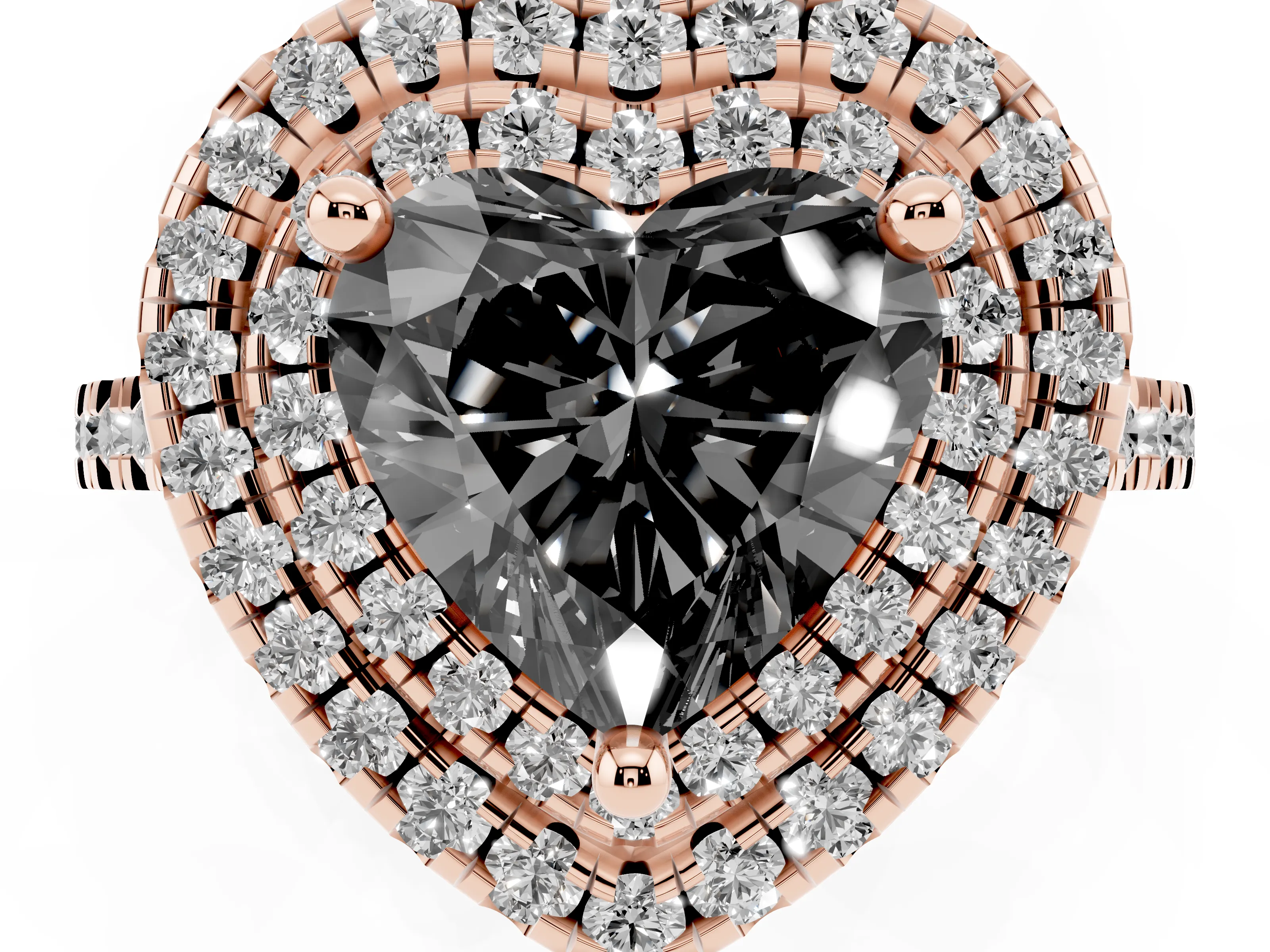 Fancy Black Heart Cut Diamond Double Halo Statement Ring Set in Rose gold with Pavé Band