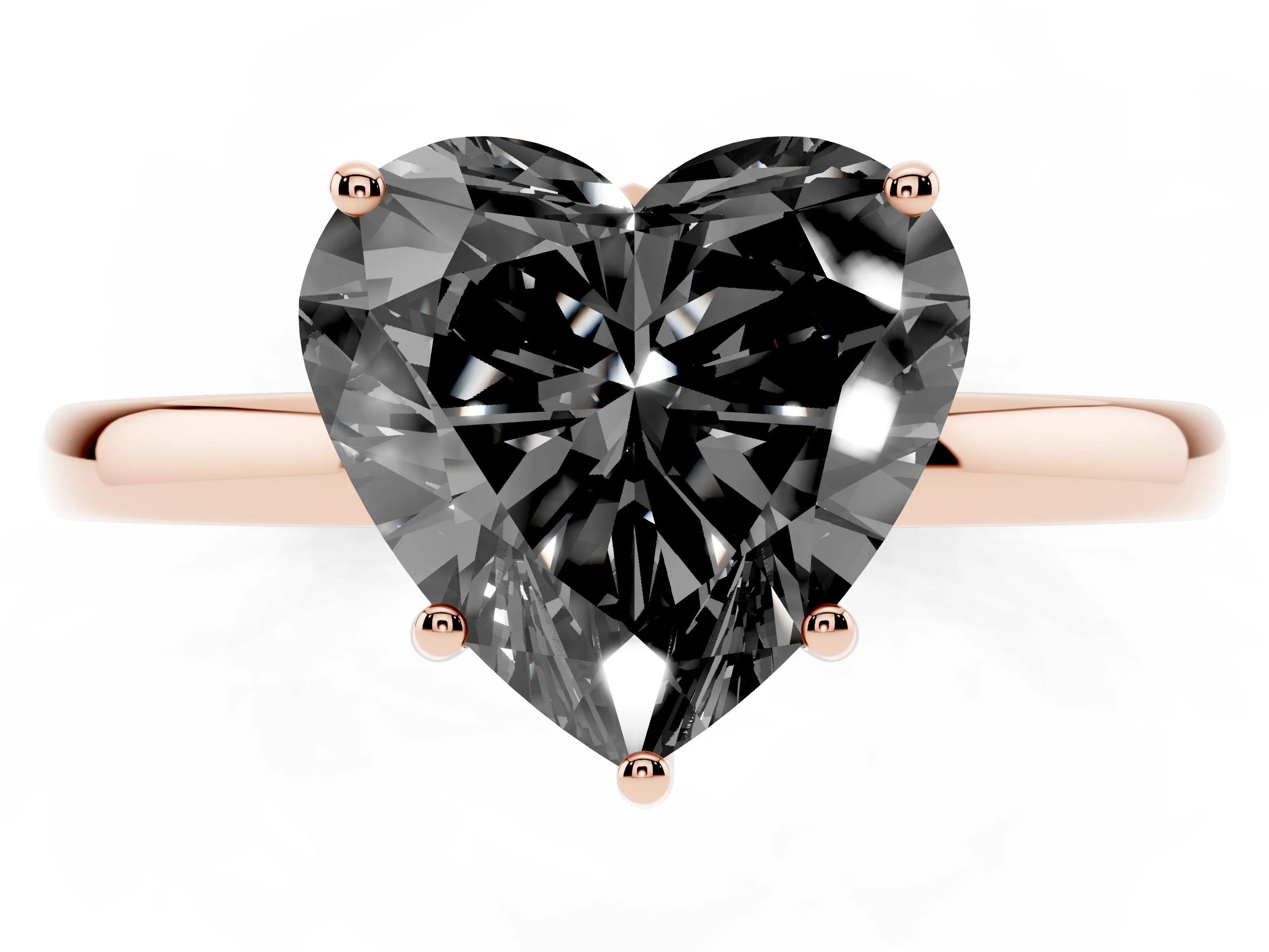 Fancy Black Heart Cut Diamond Solitaire Ring Set in Rose gold with Plain Band and Prong Setting