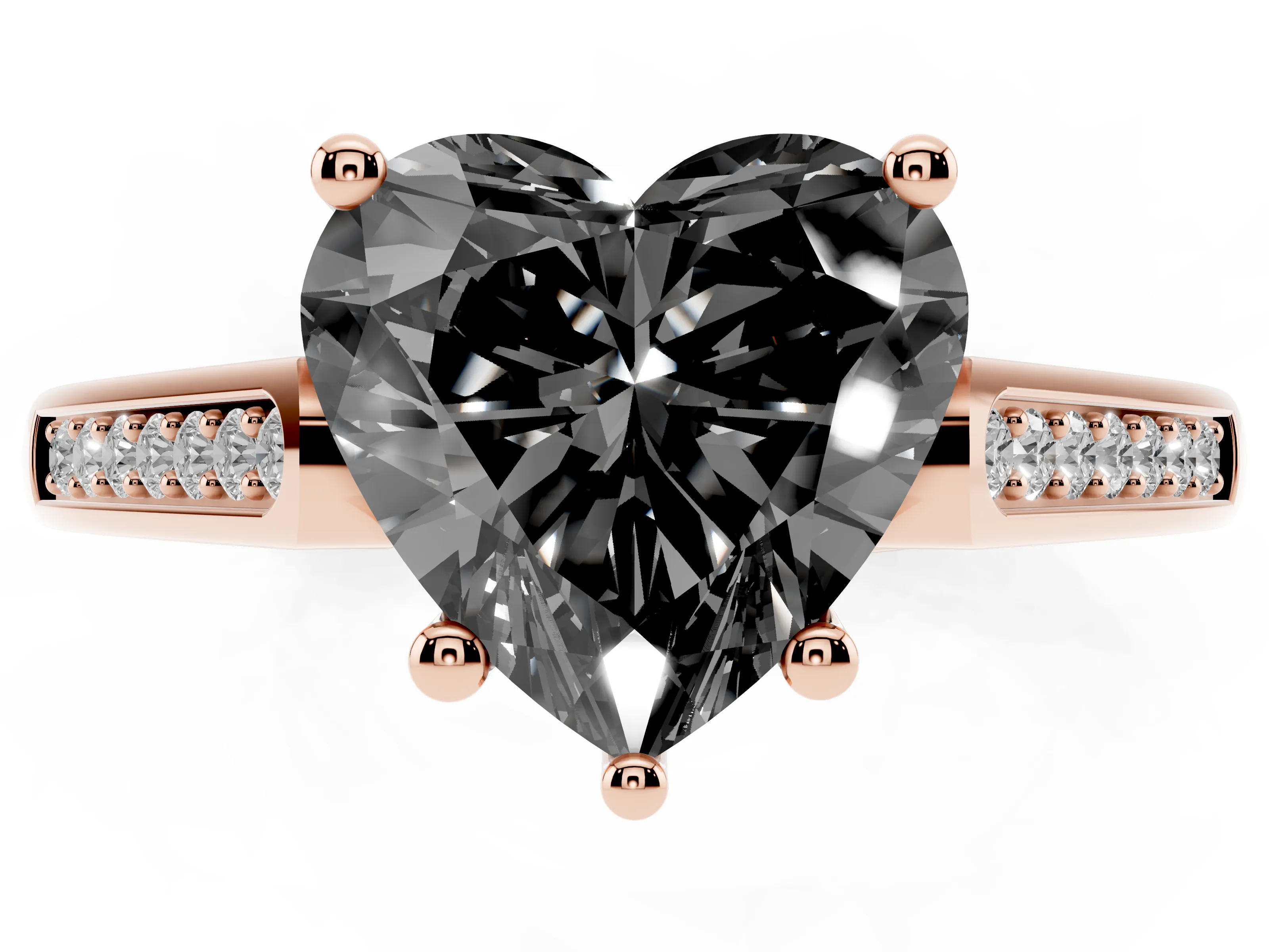Fancy Black Heart Cut Diamond Solitaire Cathedral Engagement Ring Set in Rose gold with Channel-Set Band and Prong Setting