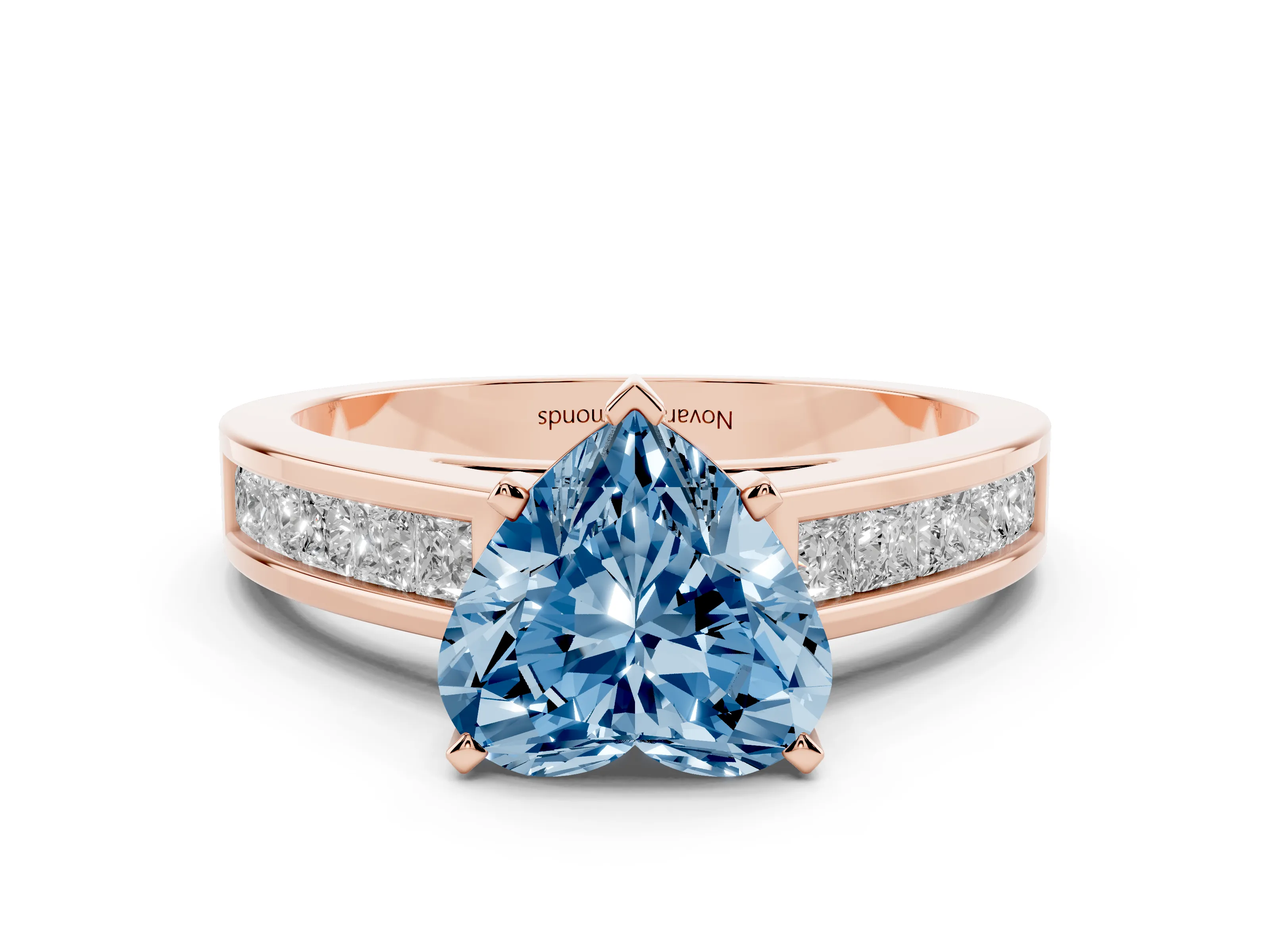 Fancy Blue Heart Cut Diamond Solitaire Ring Set in Rose gold with Channel-Set Band and Prong Setting