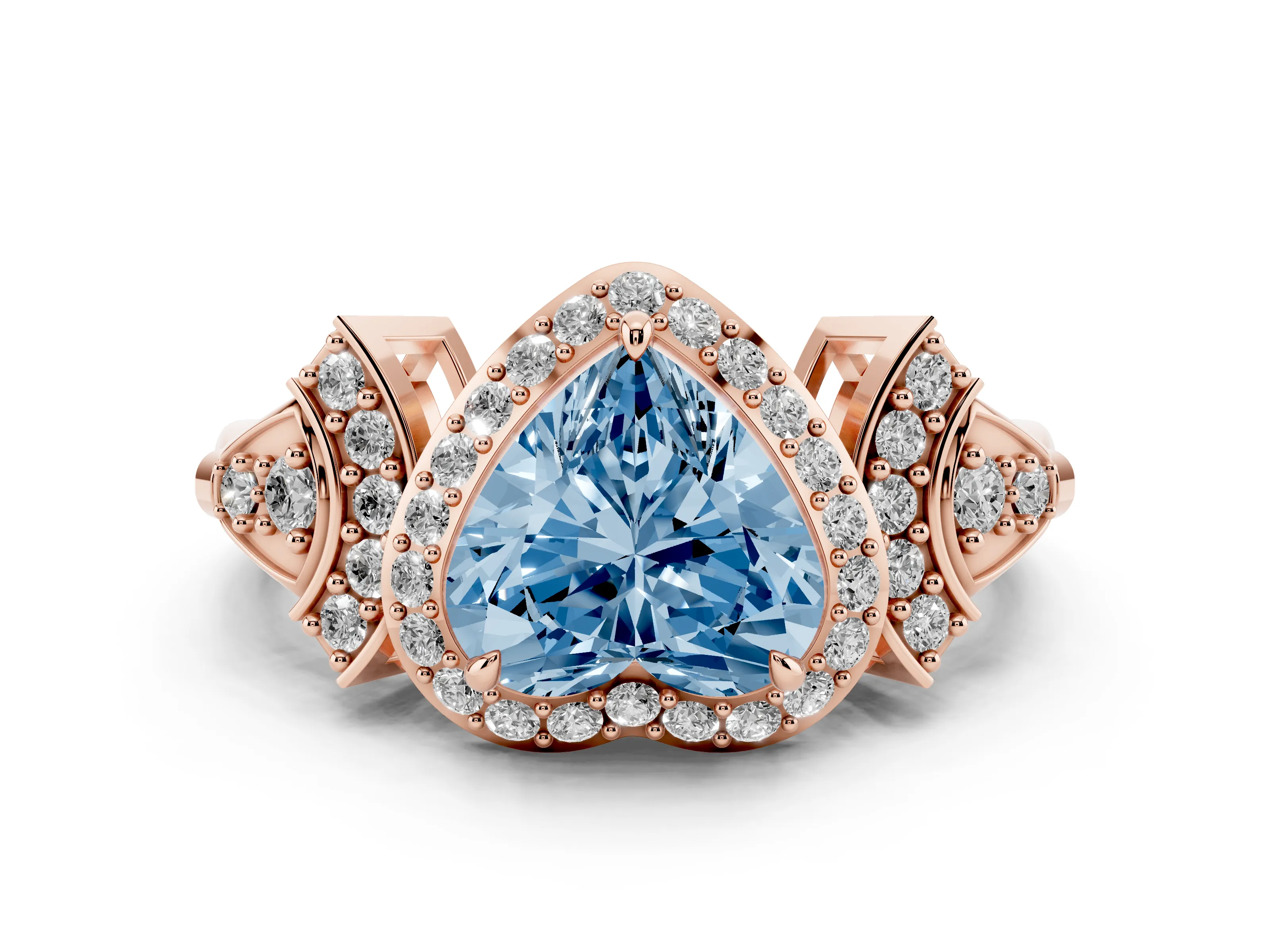 Fancy Blue Heart Cut Diamond Halo Engagement Ring Set in Rose gold with Accent Stone Split Shank