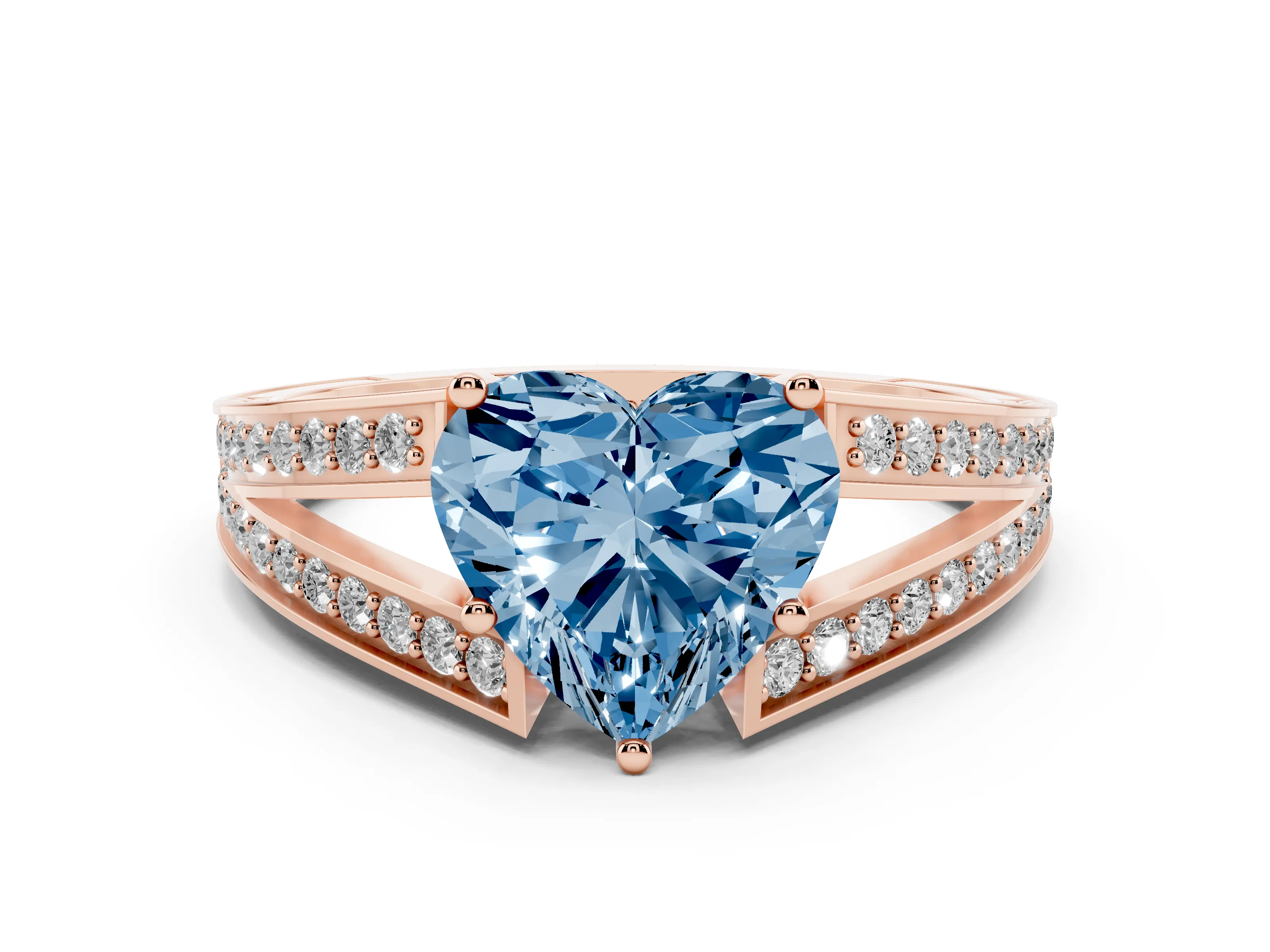 Fancy Blue Heart Cut Diamond Split Shank Ring Set in Rose gold with Pavé Band and Prong Setting