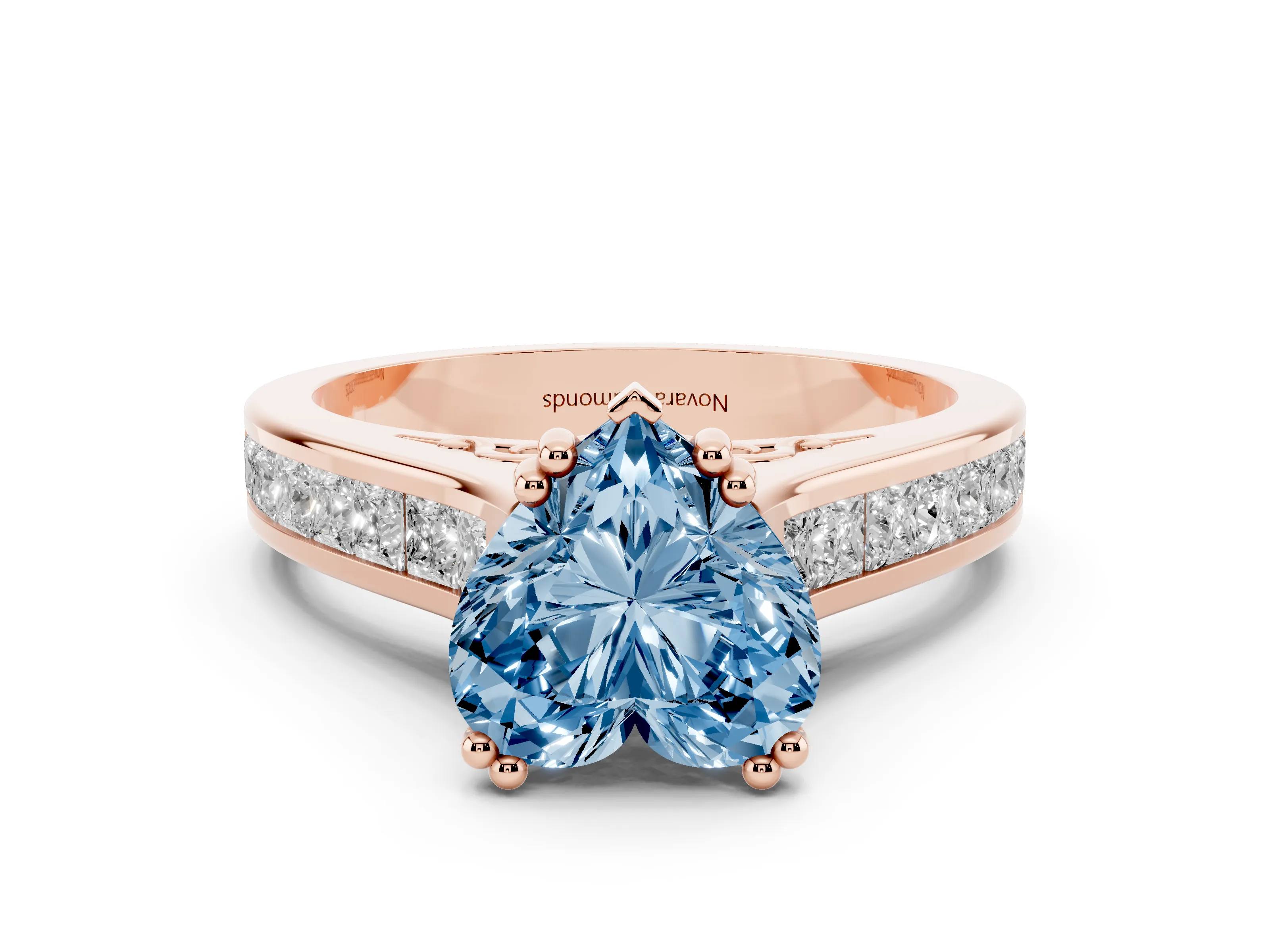 Fancy Blue Heart Cut Diamond Channel Set Solitaire Engagement Ring Set in Rose gold with Prong Setting