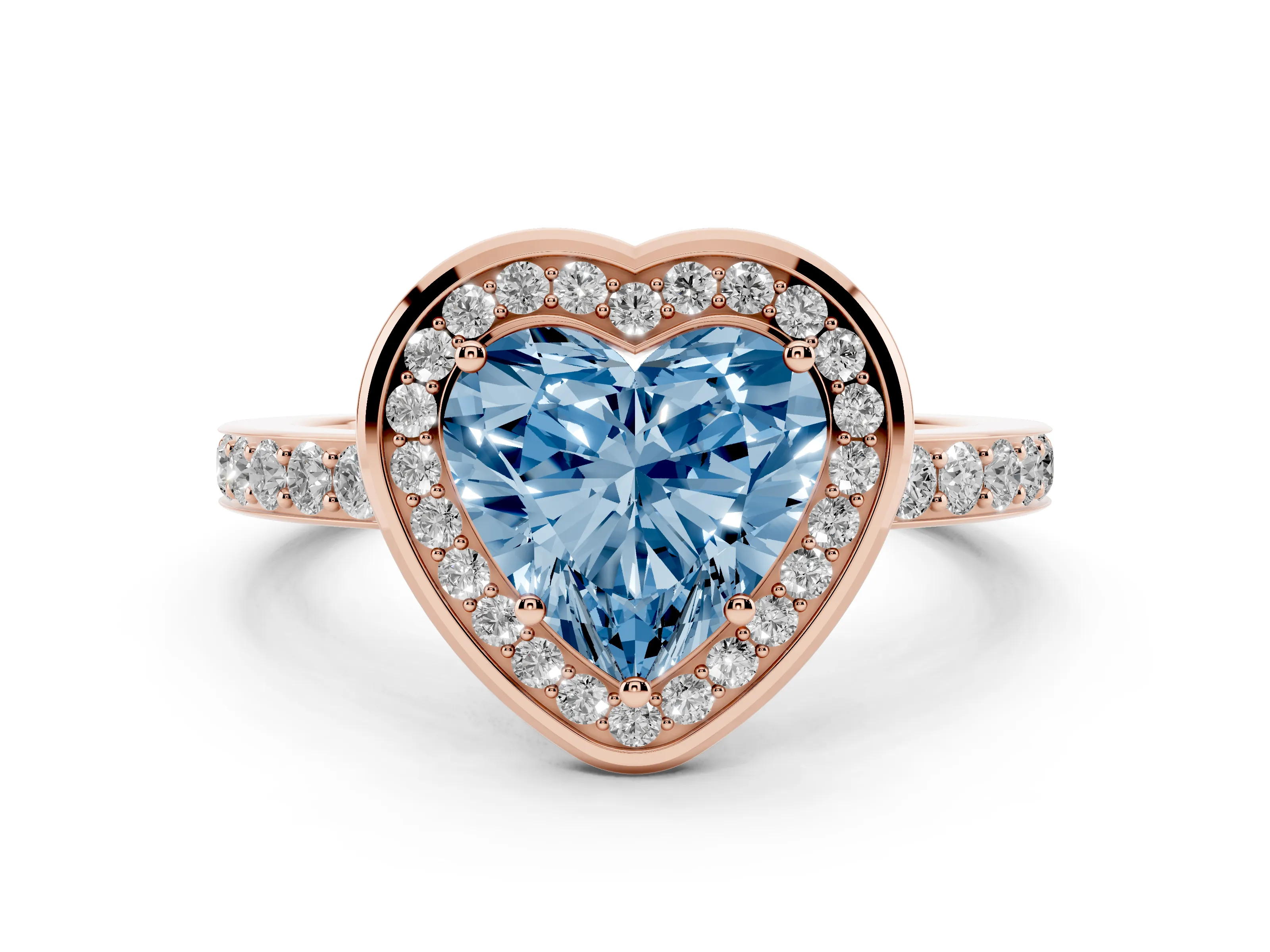 Fancy Blue Heart Cut Diamond Halo Ring Set in Rose gold with Bezel Frame and Pavé Band