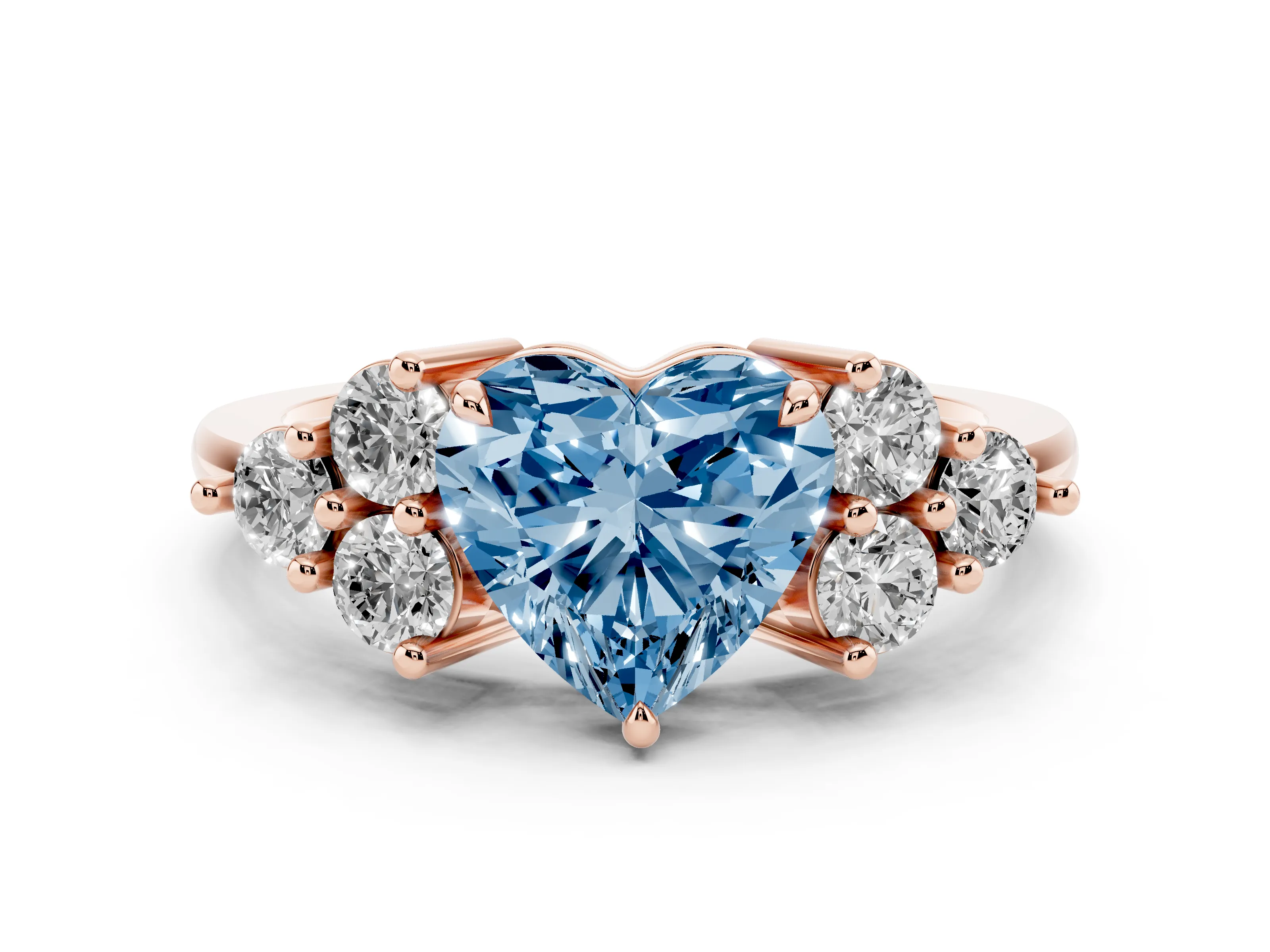 Fancy Blue Heart Cut Diamond Solitaire Ring Set in Rose gold with Cluster Accents on Each Side