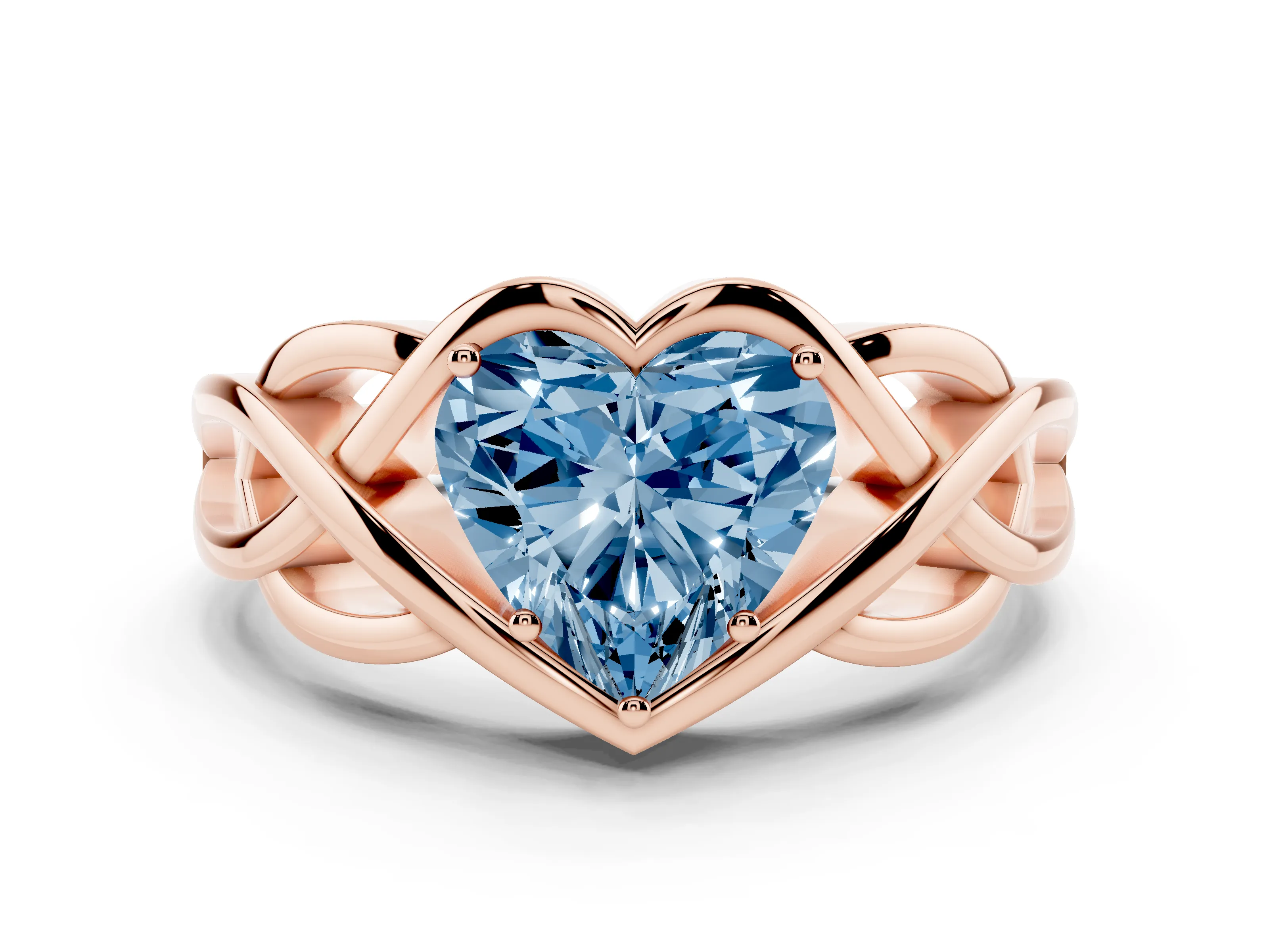 Fancy Blue Heart Cut Diamond Solitaire Ring Set in Rose gold with Intertwined Band
