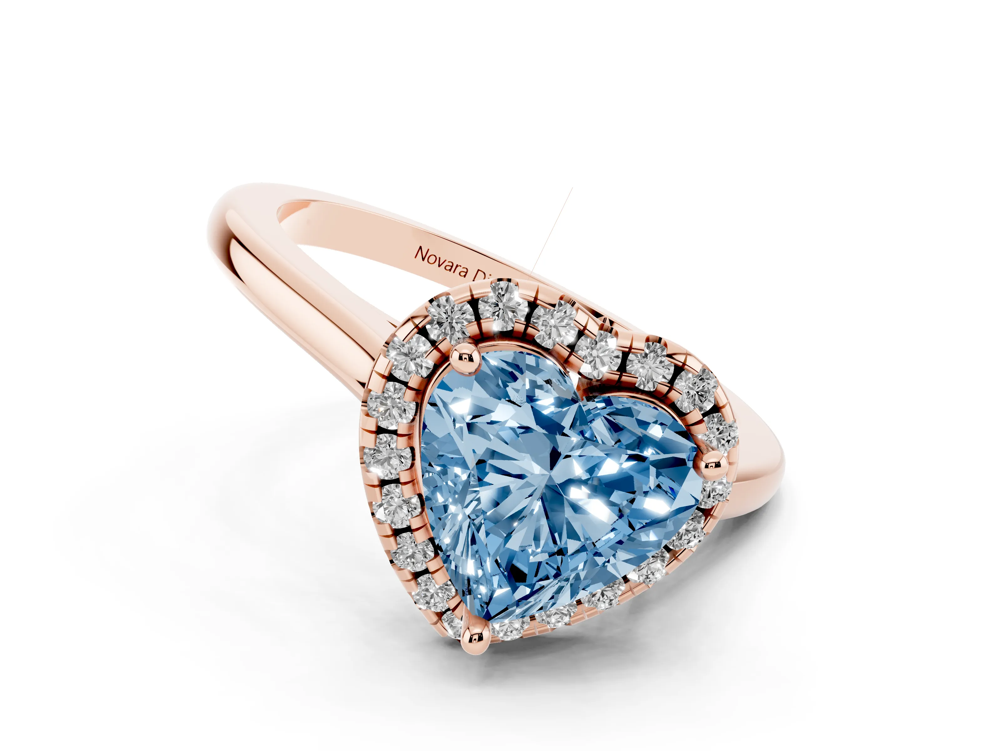Fancy Blue Heart Cut Diamond Halo Engagement Ring Set in Rose gold with Pavé Band and Rising Shoulders