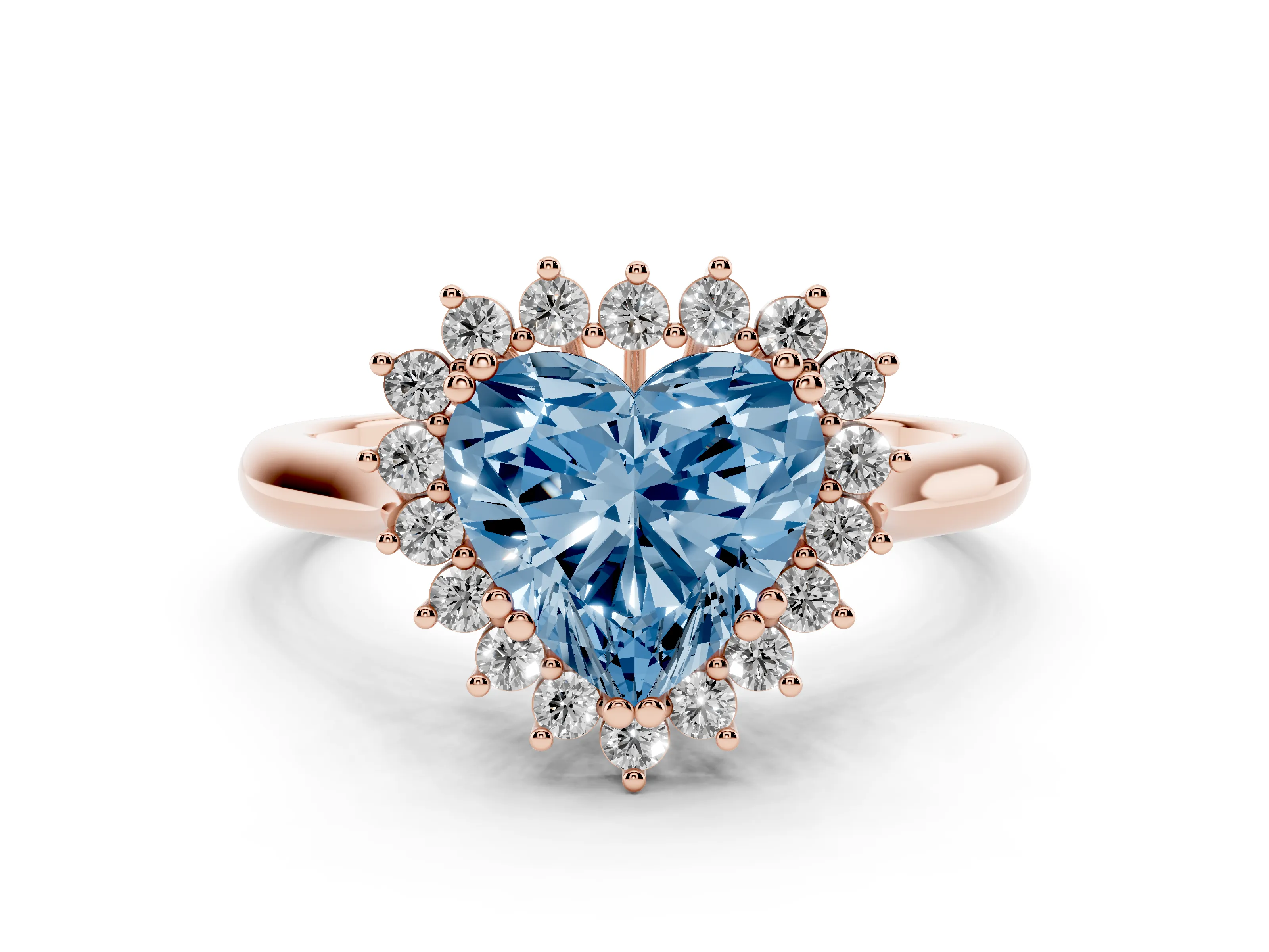 Fancy Blue Heart Cut Diamond Halo Ring Set in Rose gold with Plain Solitaire Band and Prong Setting
