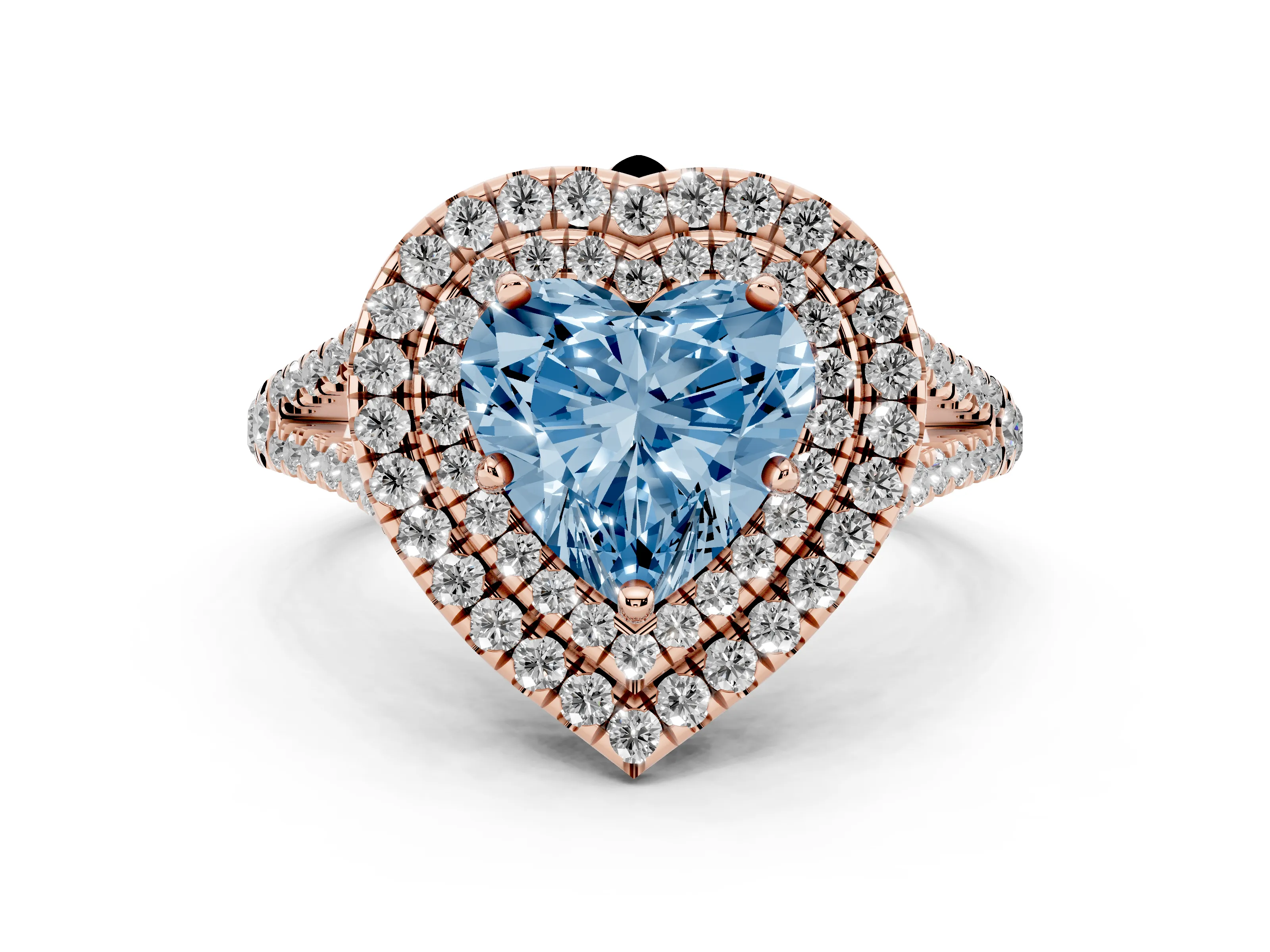 Fancy Blue Heart Cut Diamond Double Halo Ring Set in Rose gold with Pavé Band