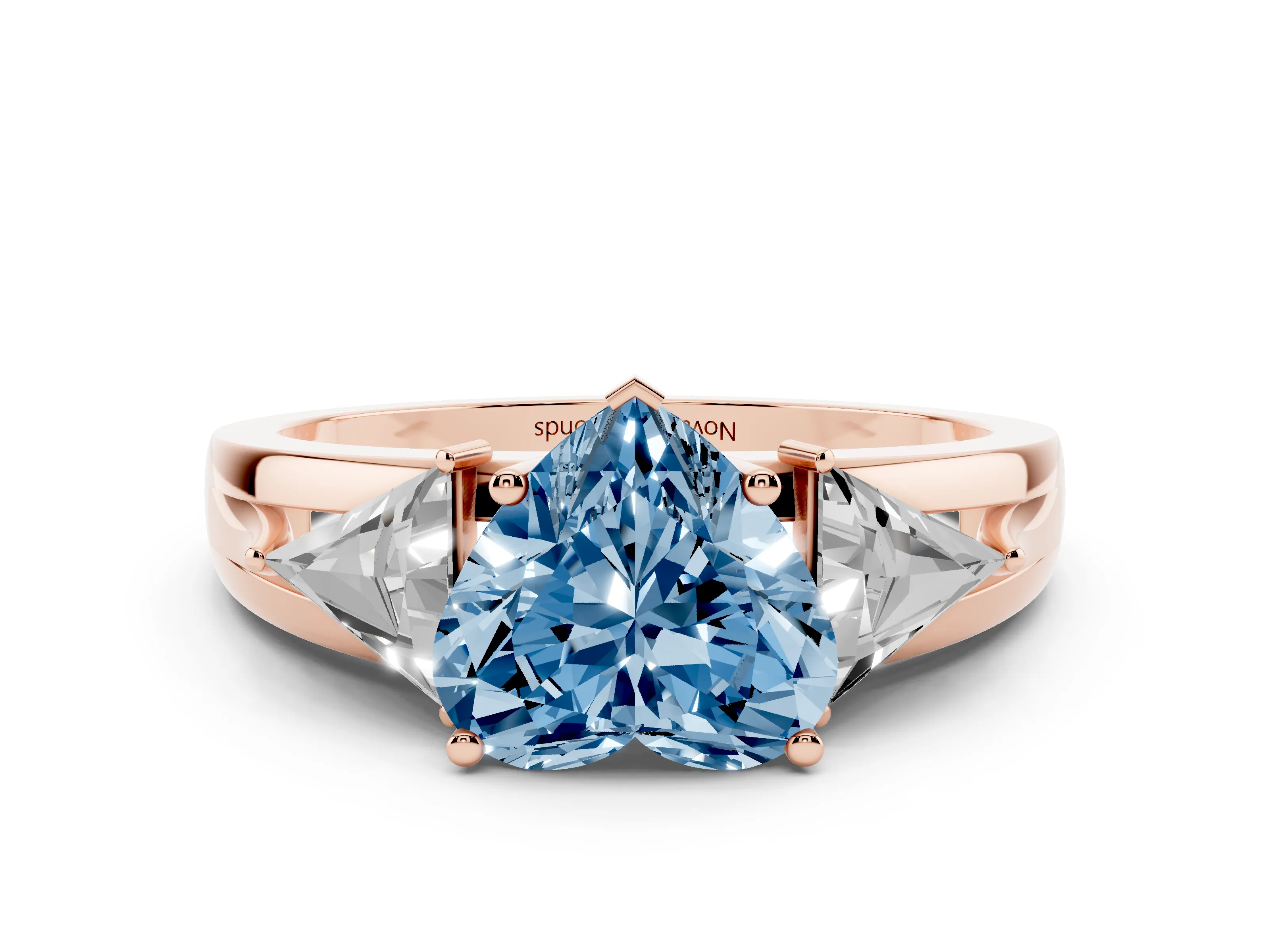 Fancy Blue Heart Cut Diamond Three-Stone Ring Set in Rose gold with Trillion Side Stones and Split Shank