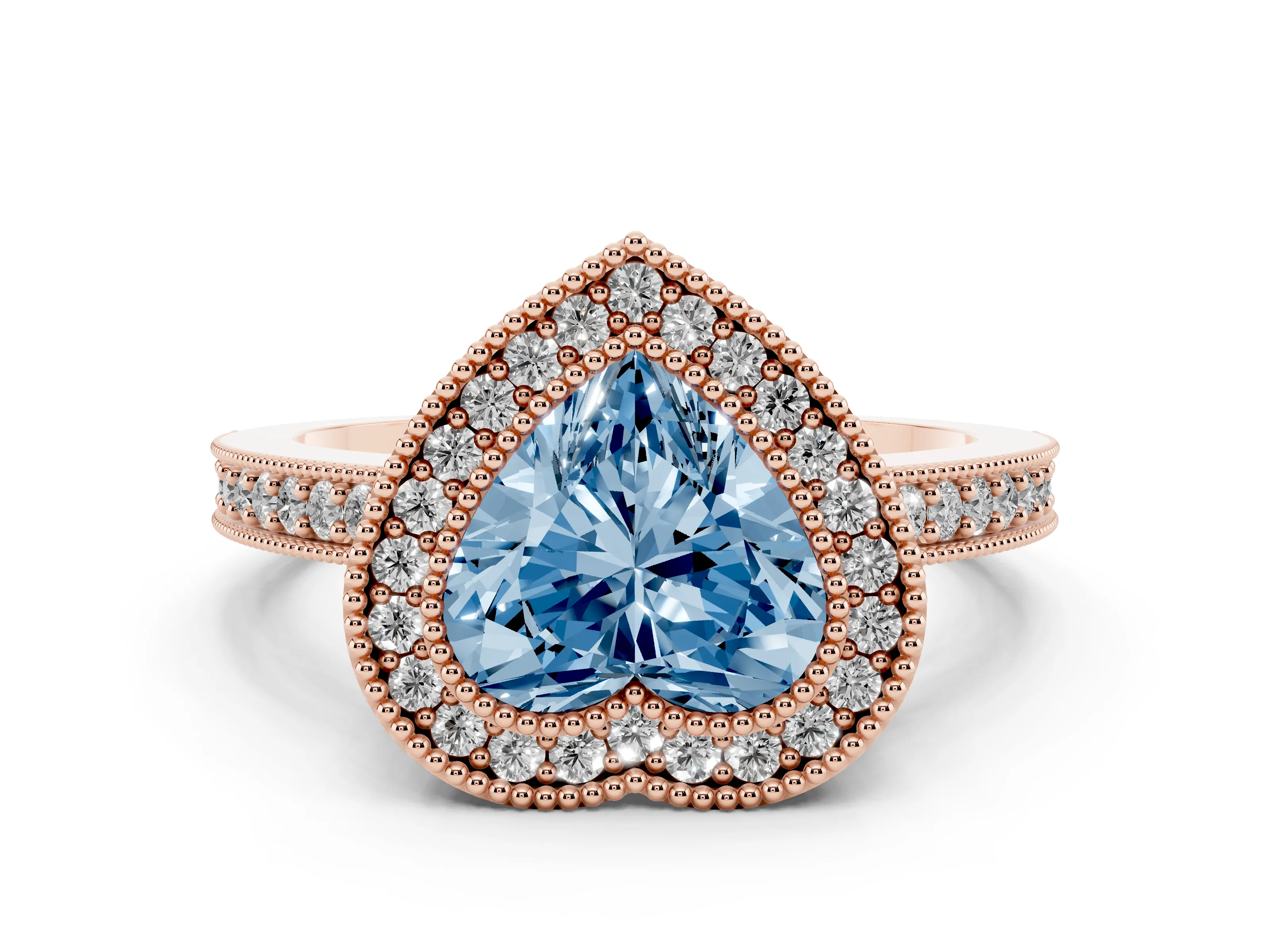 Fancy Blue Heart Cut Diamond Halo Engagement Ring Set in Rose gold with Pavé Band and Round Halo Stones