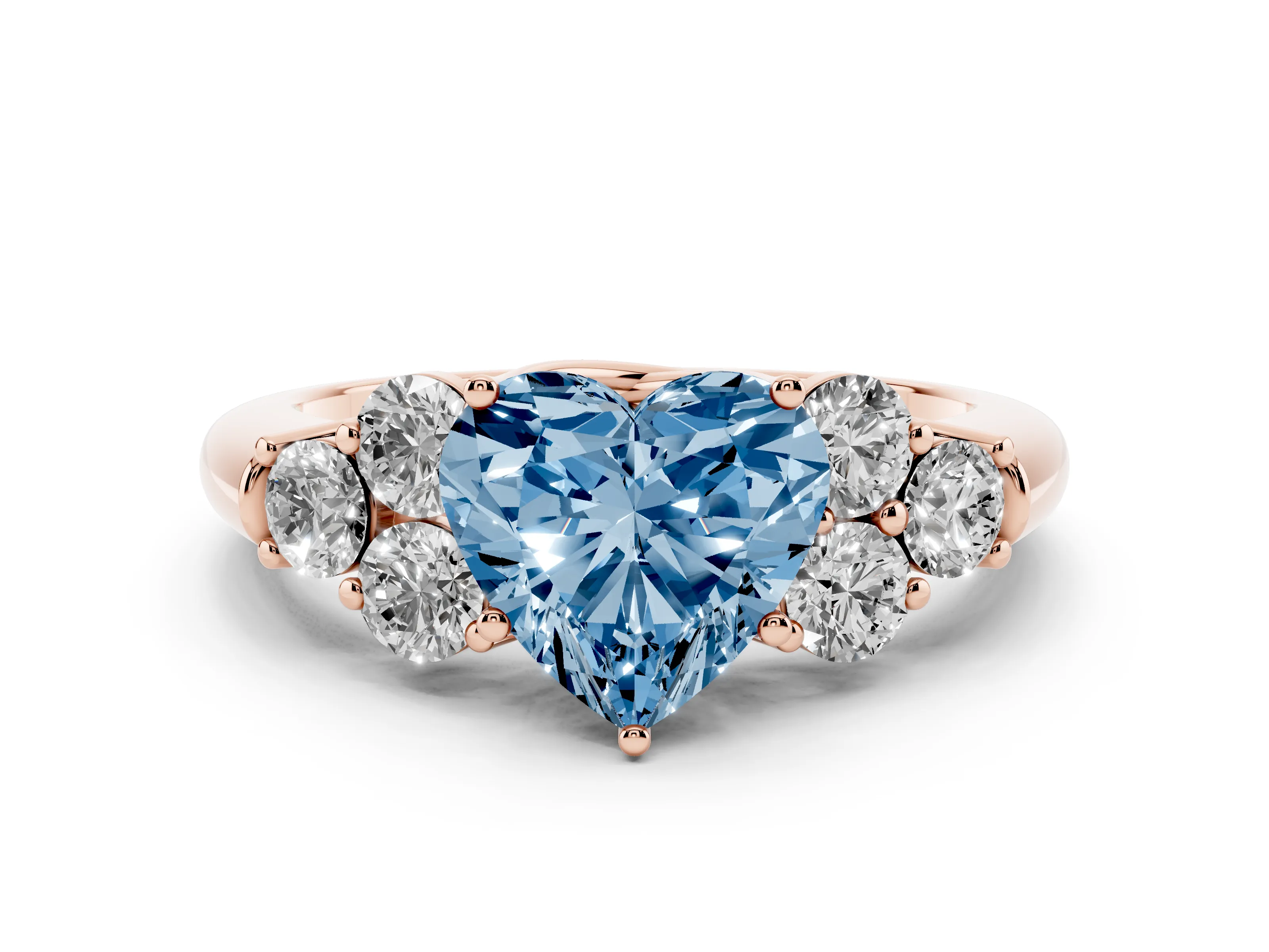 Fancy Blue Heart Cut Diamond Cluster Ring Set in Rose gold with Round Accent Stones and Prong Setting on a Plain Band
