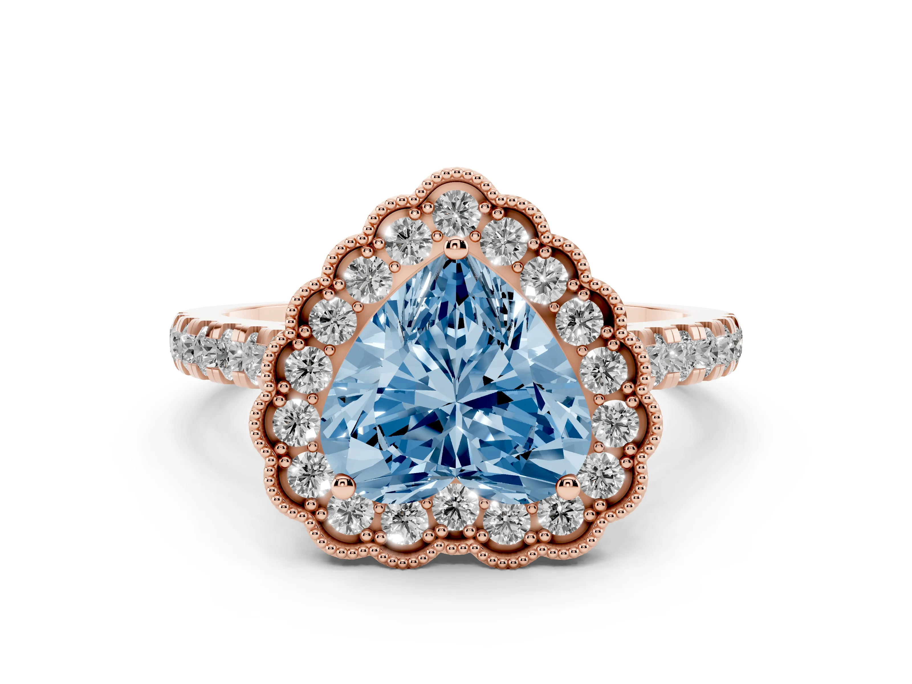 Fancy Blue Heart Cut Diamond Milgrain Floral Halo Engagement Ring Set in Rose gold with Pavé Band