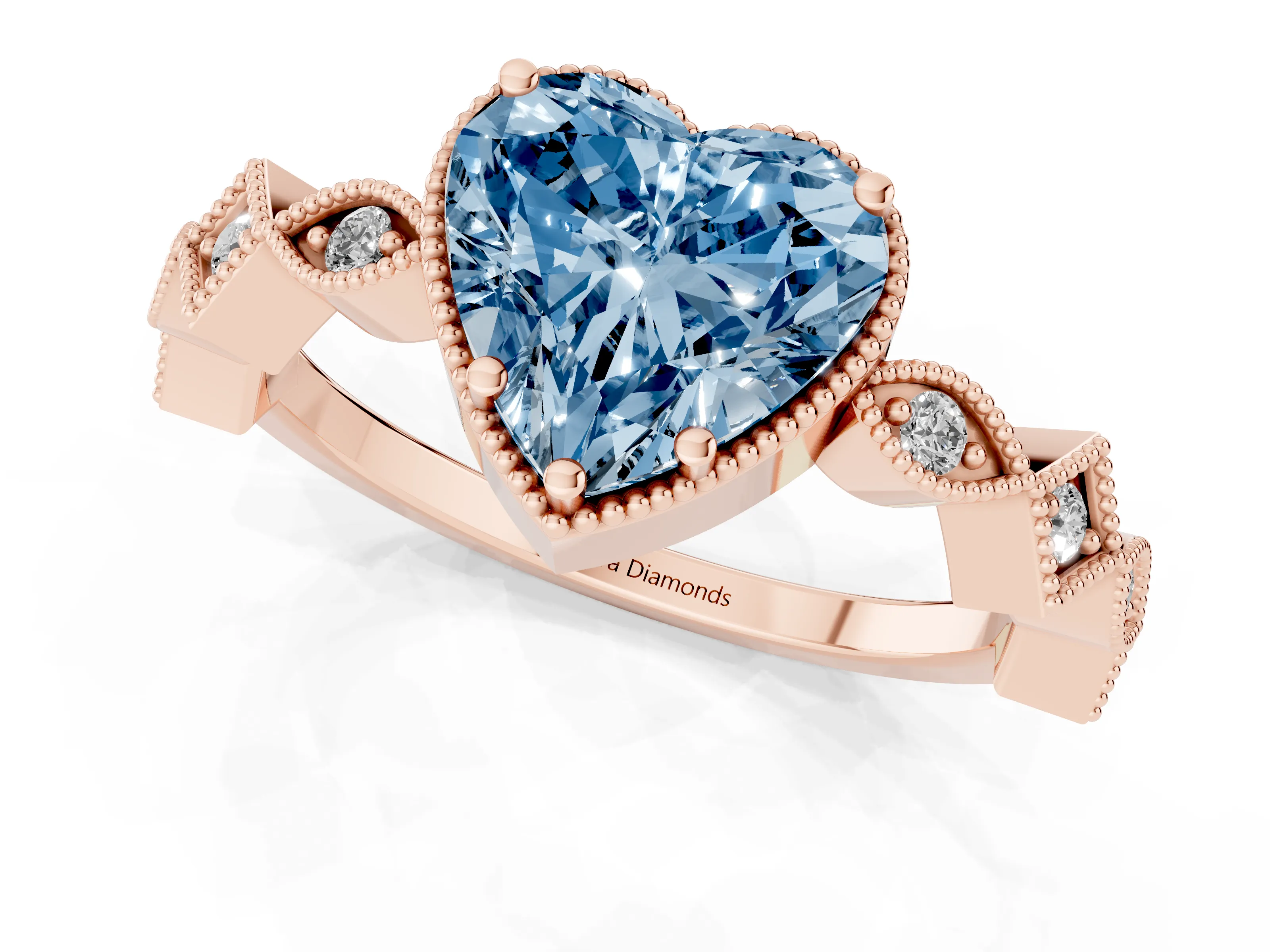 Fancy Blue Heart Cut Diamond Milgrain Marquise Twist Band Ring Set in Rose gold with Prong Setting