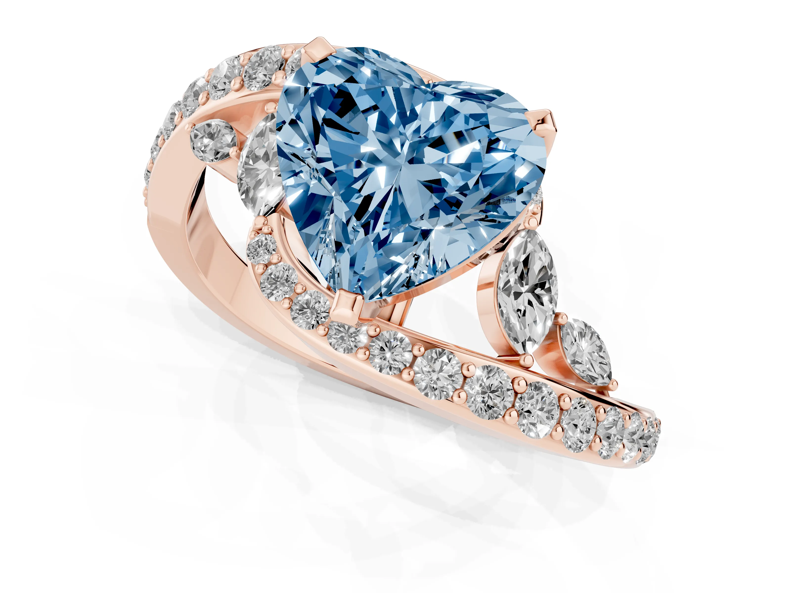 Fancy Blue Heart Cut Diamond Solitaire Ring Set in Rose gold with Pavé Twist Band and Secure Prong Setting
