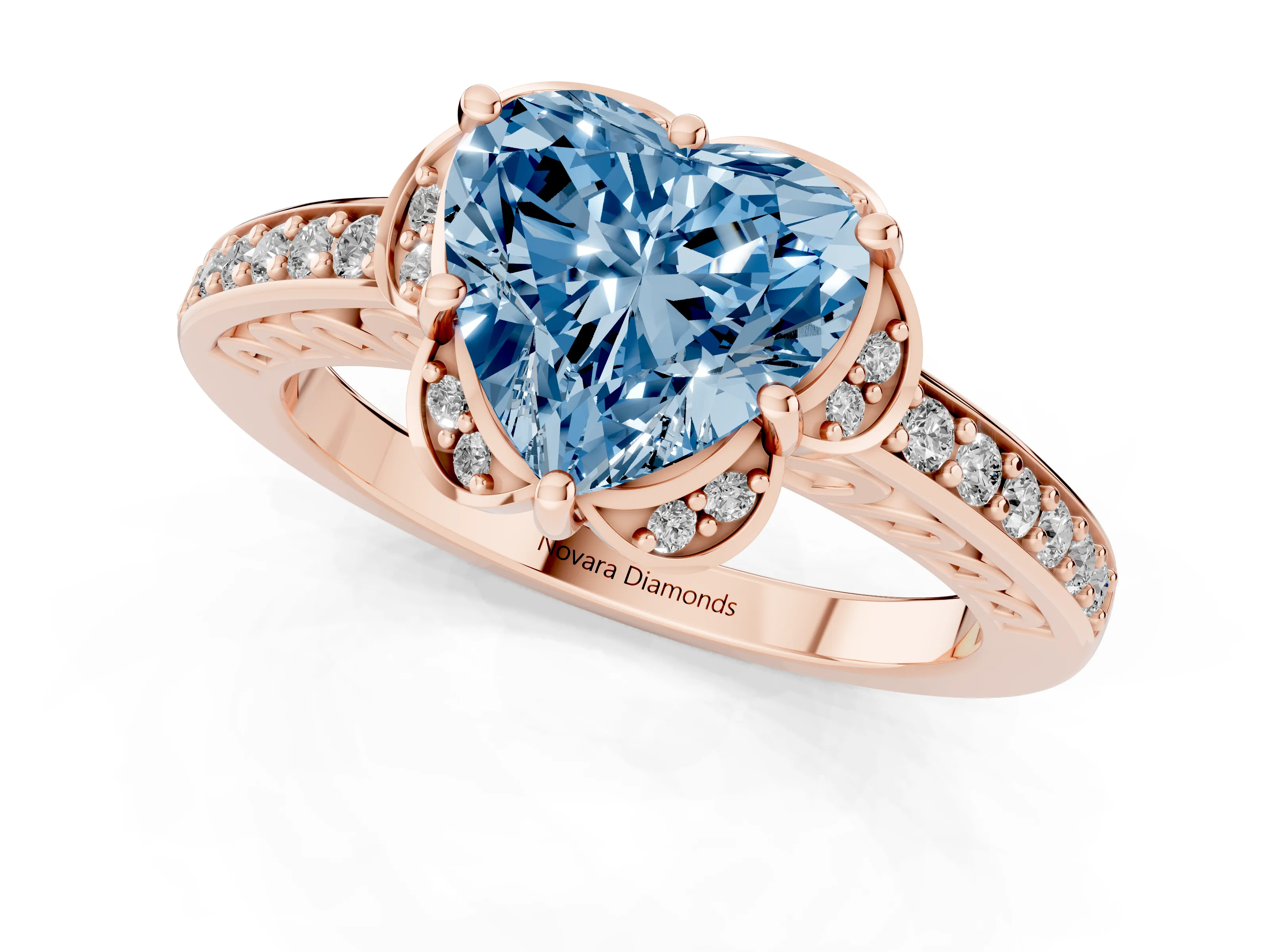 Fancy Blue Heart Cut Diamond Halo Ring Set in Rose gold with Channel Set Band and Prong Setting
