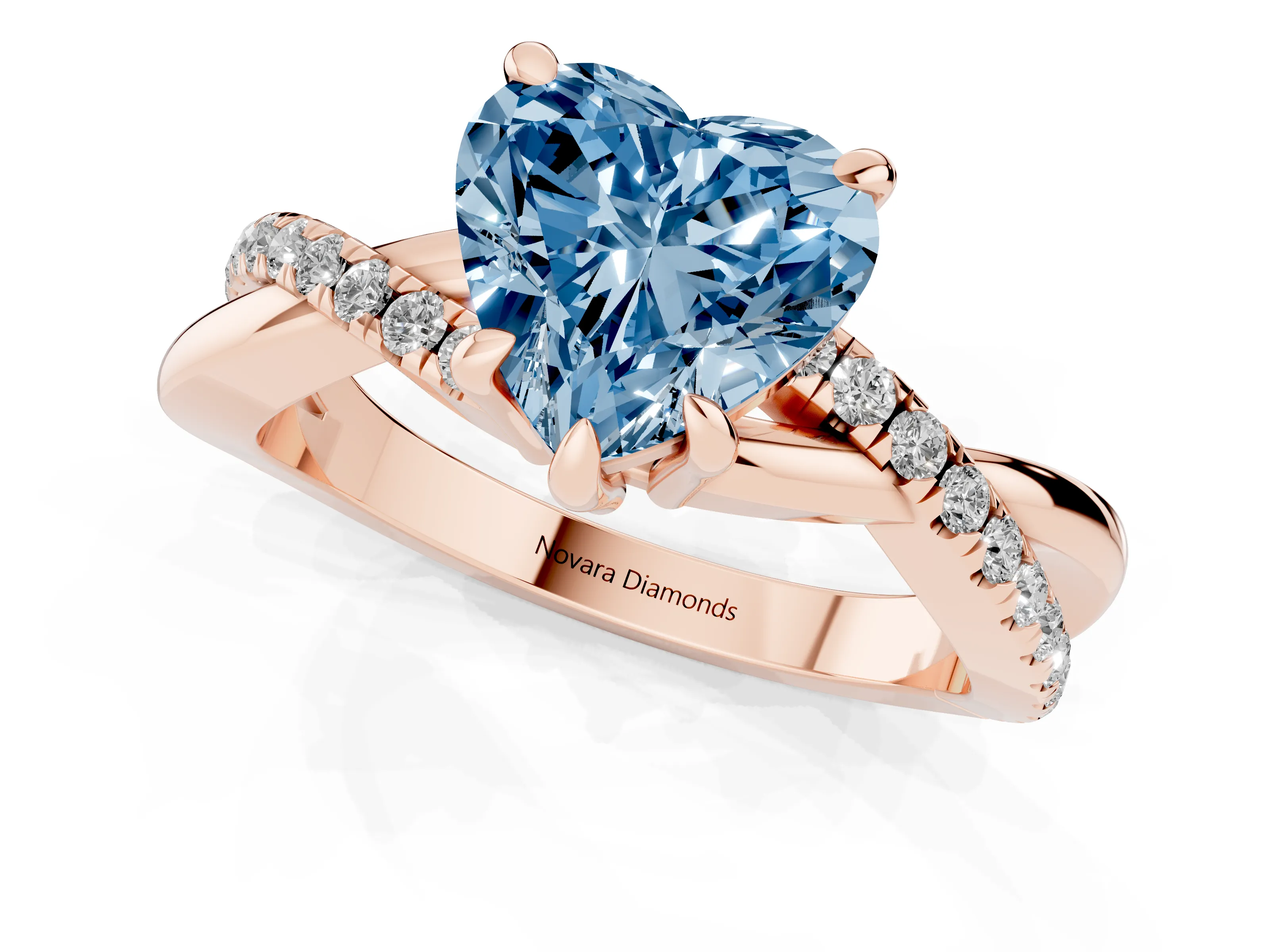 Fancy Blue Heart Cut Diamond Twist Band Solitaire Set in Rose gold with Pavé Accents and Prong Setting