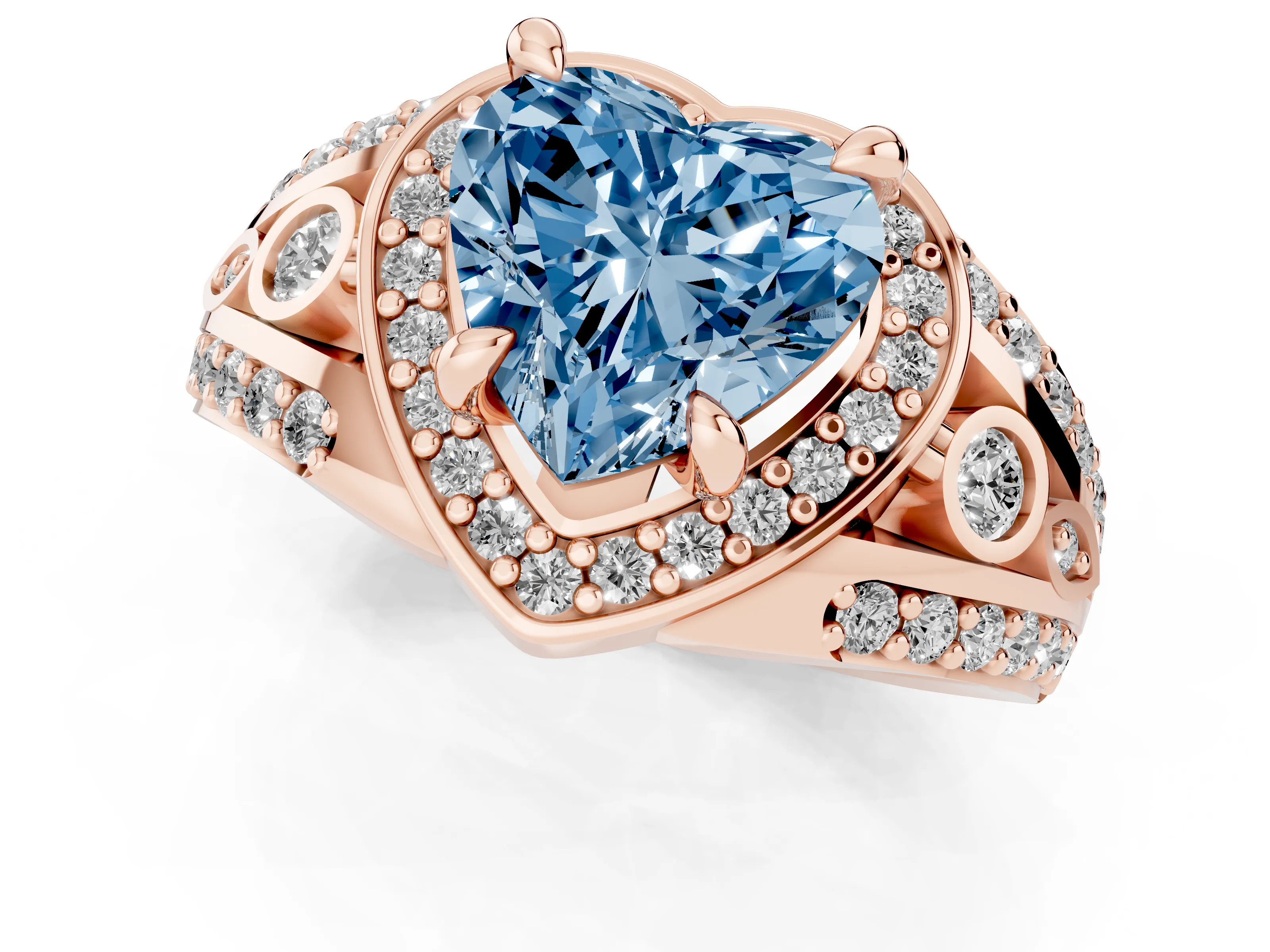 Fancy Blue Heart Cut Diamond Halo Ring Set in Rose gold with Pavé Split Shank and Bezel Accents