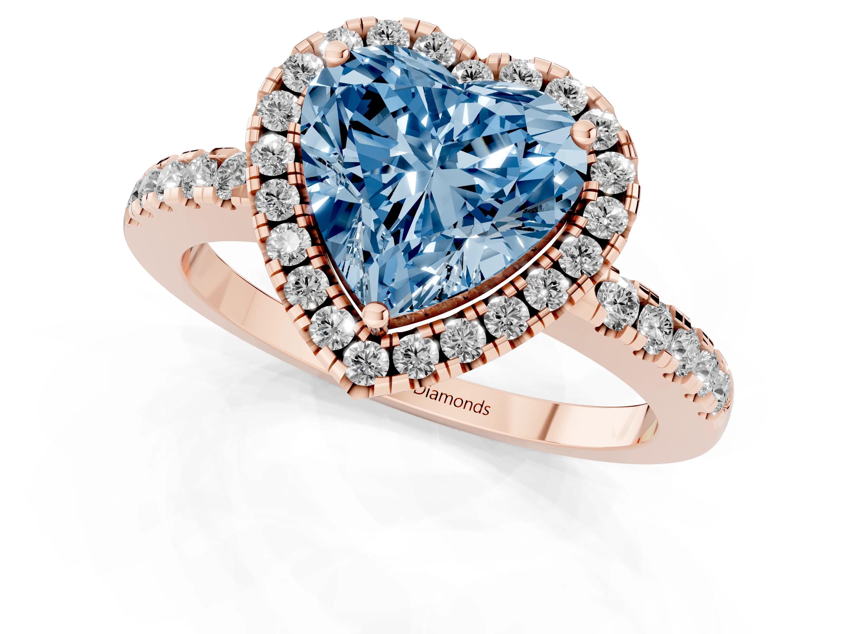 Fancy Blue Heart Cut Diamond Pavé Band Halo Engagement Ring Set in Rose gold with Prong Setting