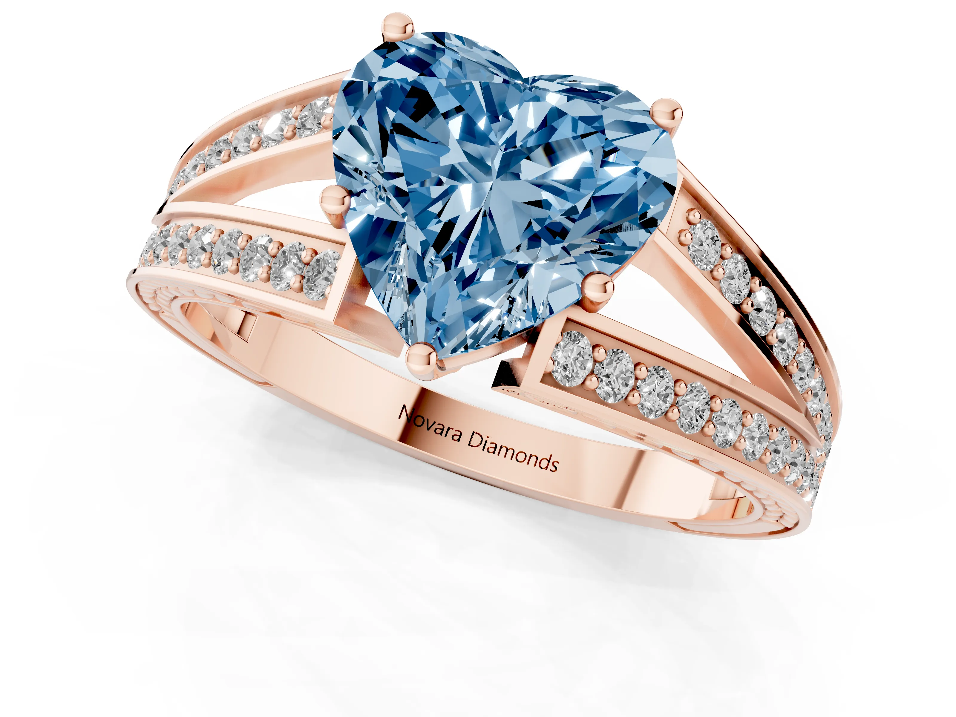 Fancy Blue Heart Cut Diamond Split Shank Ring Set in Rose gold with Pavé Band and Prong Setting