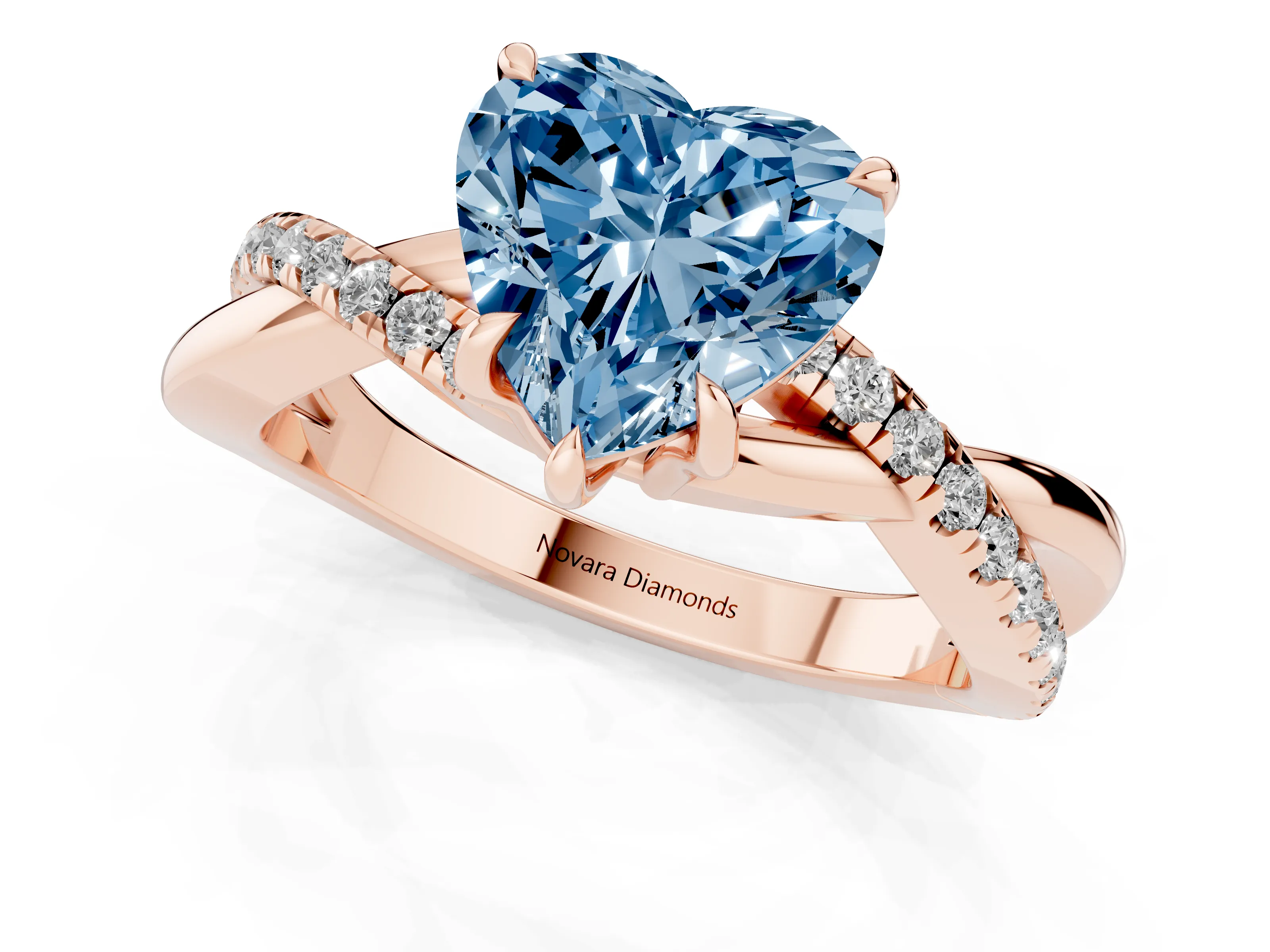 Fancy Blue Heart Cut Diamond Twisted Pavé Band Ring Set in Rose gold with Prong Setting