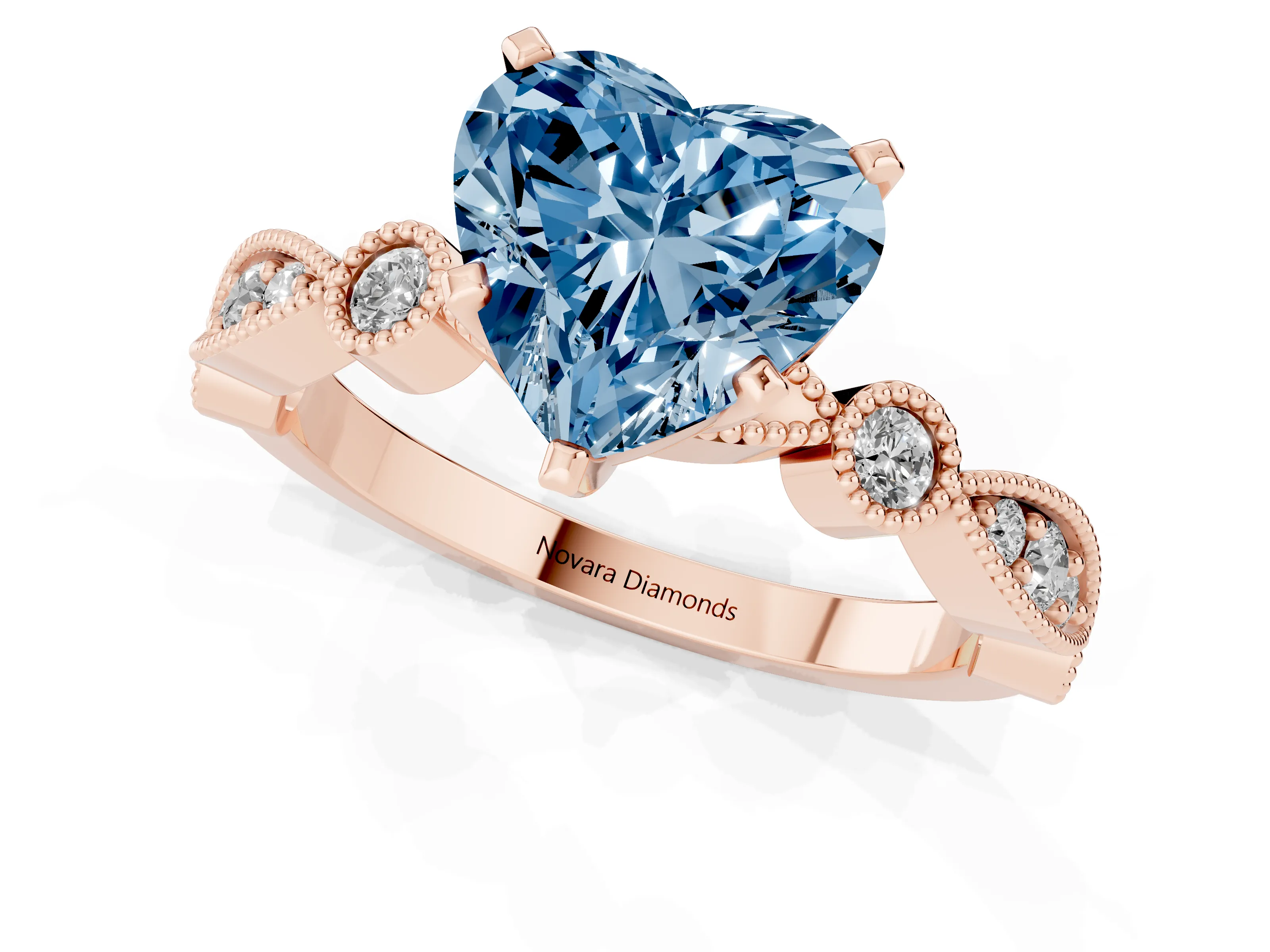 Fancy Blue Heart Cut Diamond Solitaire Engagement Ring Set in Rose gold with Milgrain Bezel Accent Band
