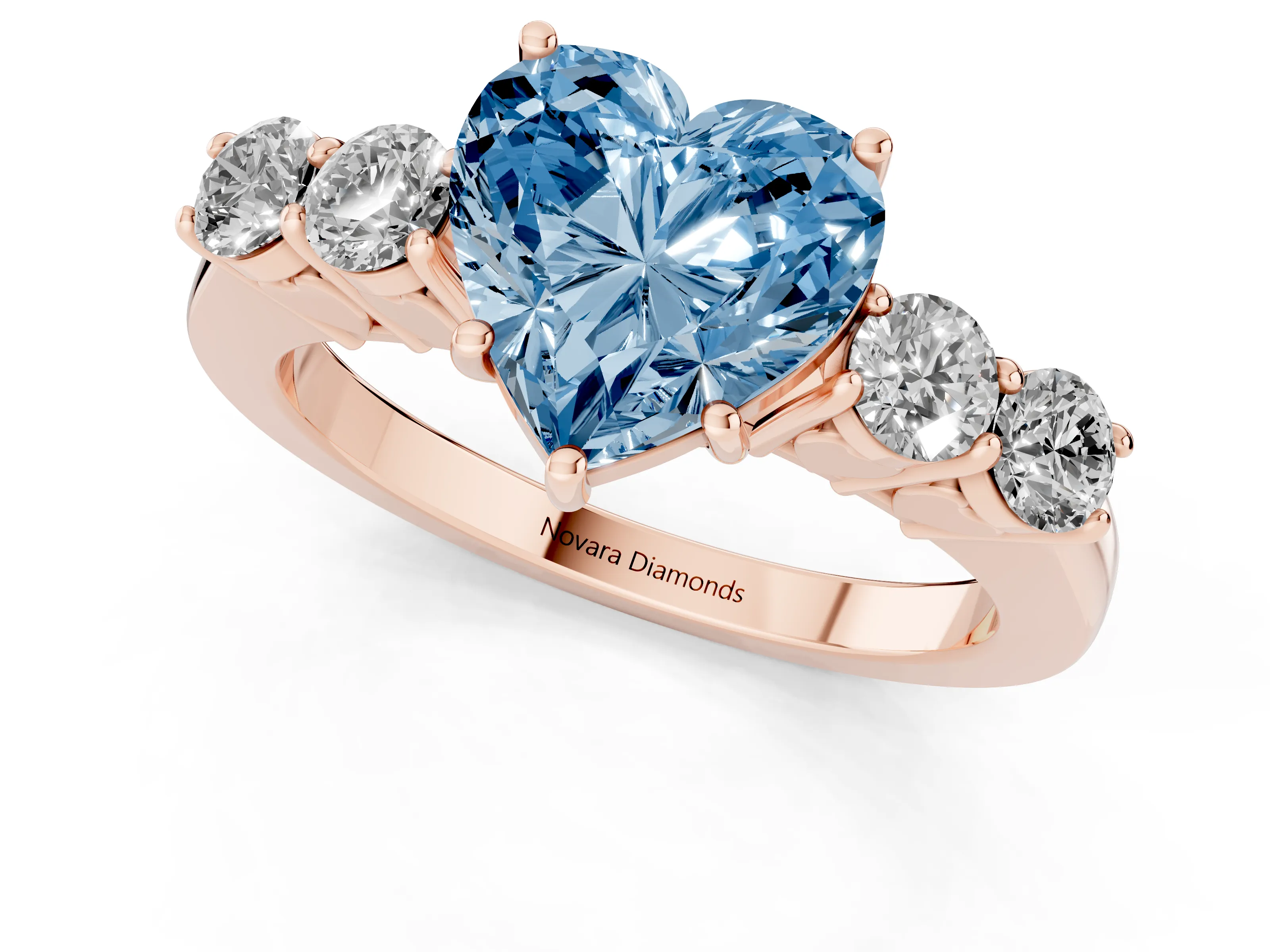 Fancy Blue Heart Cut Diamond Five-Stone Prong Set Band Ring Set in Rose gold with Polished Band