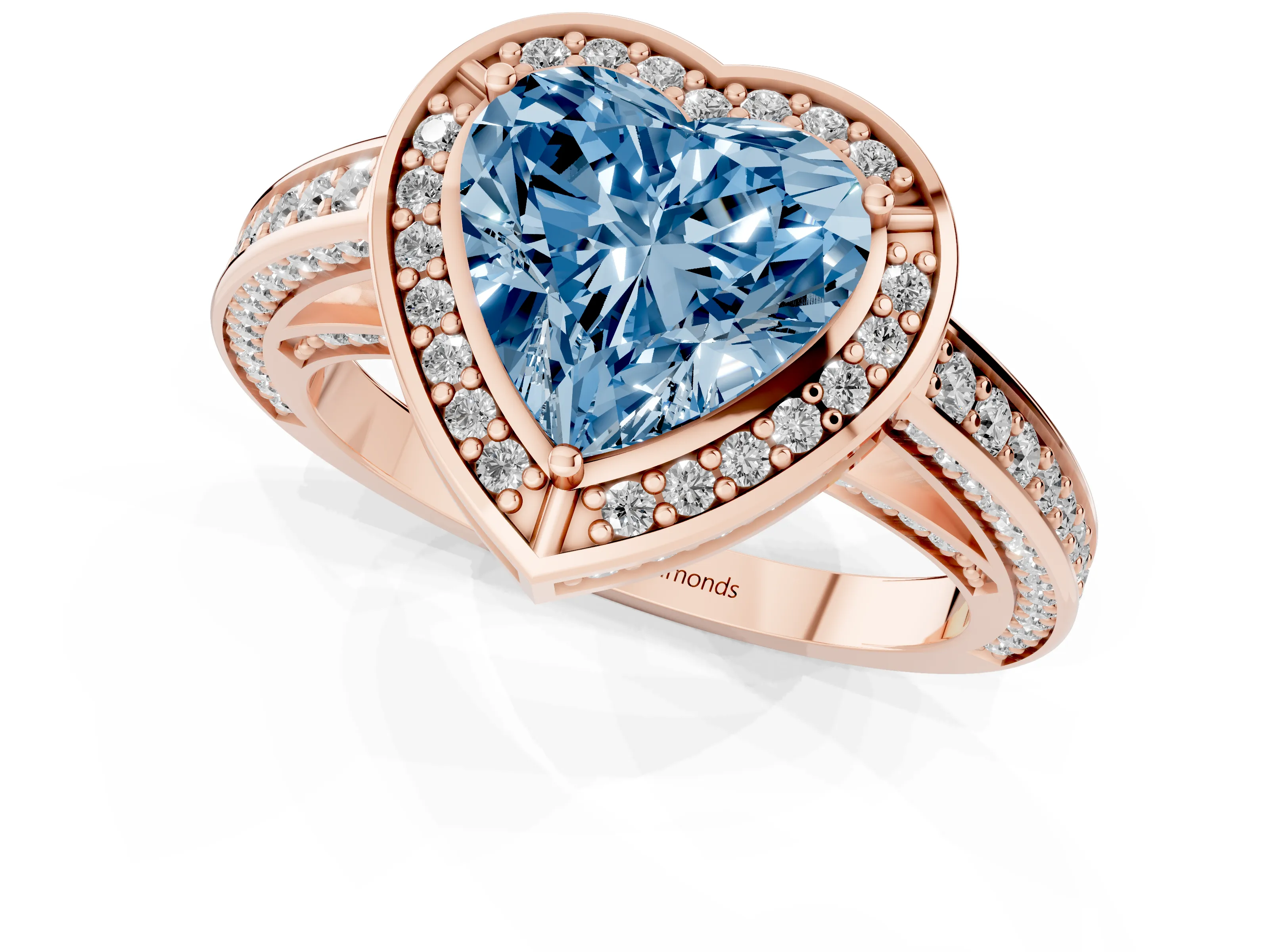 Fancy Blue Heart Cut Diamond Halo Pavé Split Shank Ring Set in Rose gold with Prong Setting