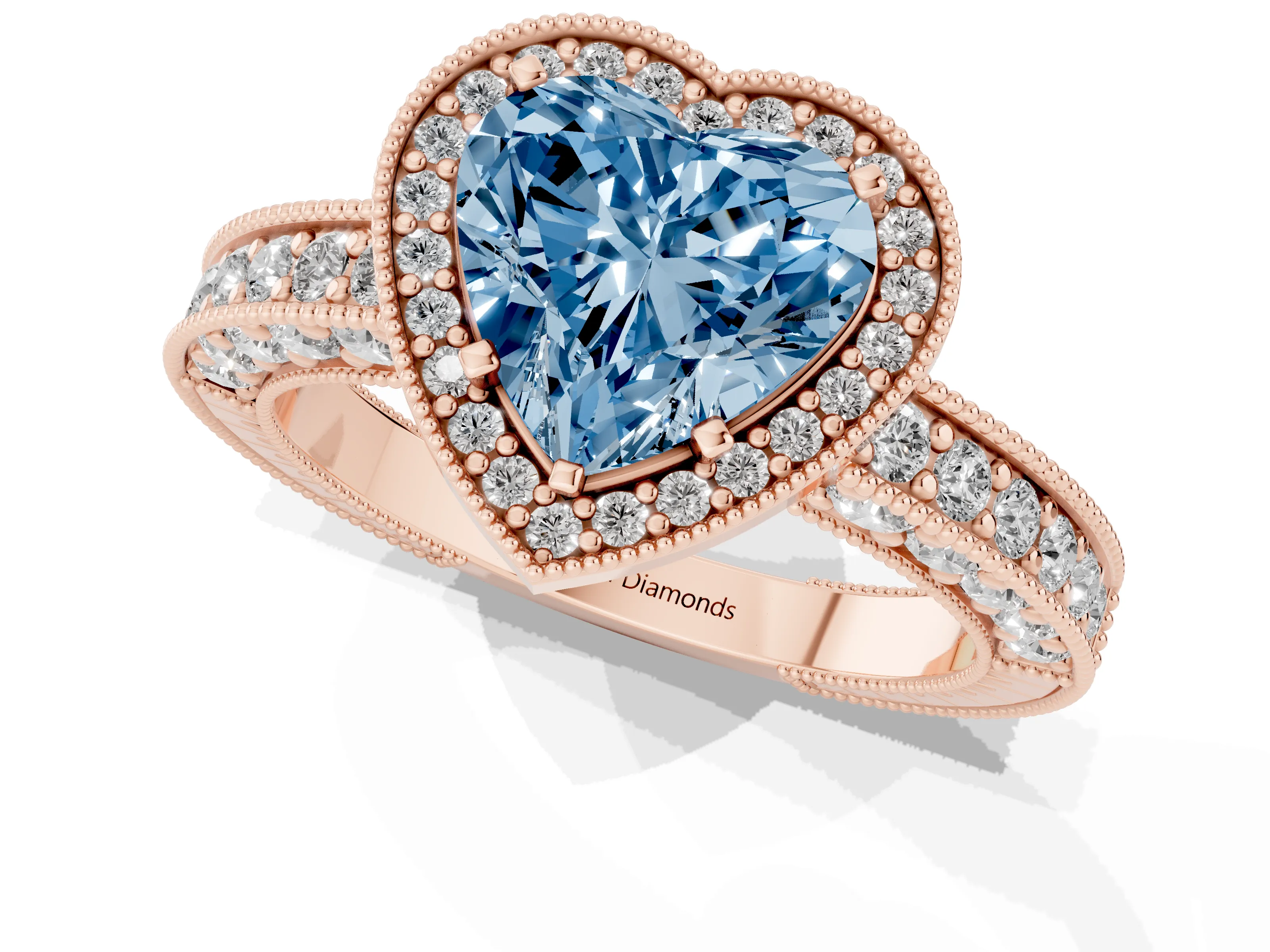 Fancy Blue Heart Cut Diamond Halo Pavé Band Ring Set in Rose gold with Prong-Set Center