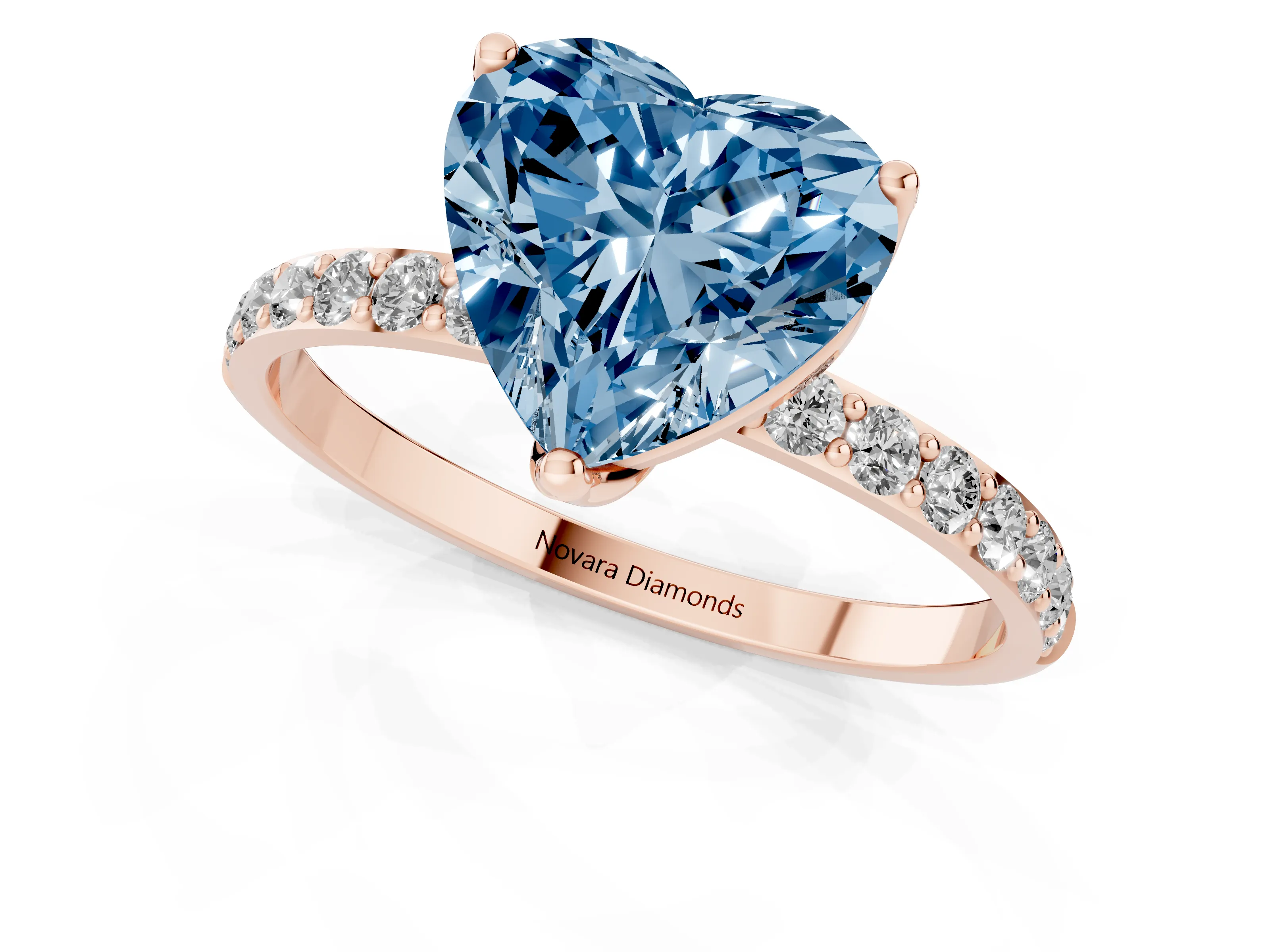 Fancy Blue Heart Cut Diamond Solitaire Engagement Ring Set in Rose gold with Round Pavé Band and Prong Setting