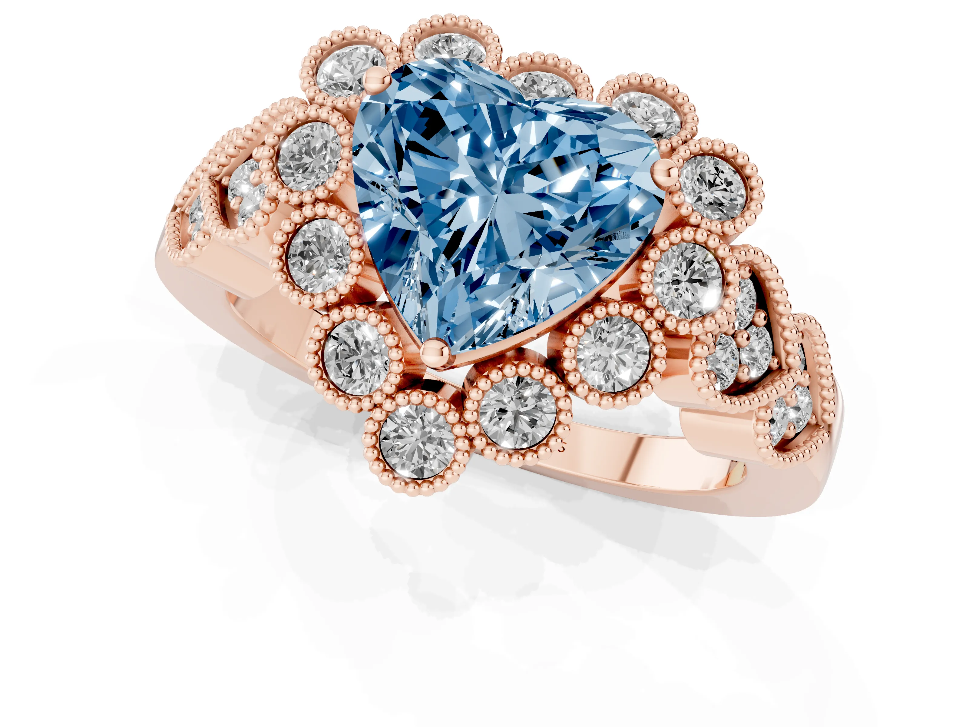 Fancy Blue Heart Cut Diamond Solitaire Ring Set in Rose gold with Milgrain Pavé Heart Band