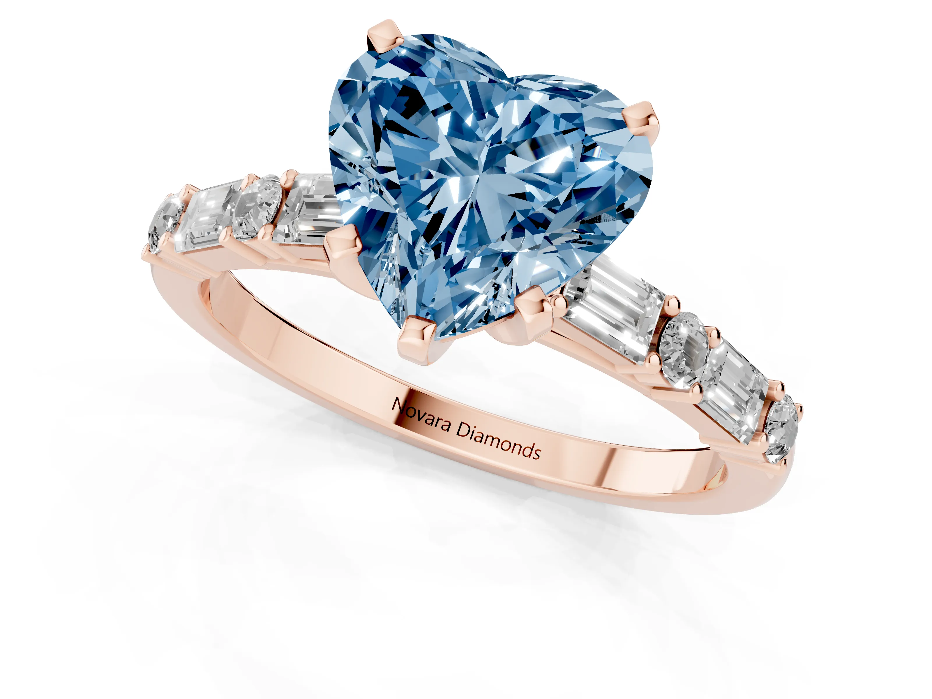 Fancy Blue Heart Cut Diamond Solitaire Set in Rose gold with Side Baguettes and Channel Set Band