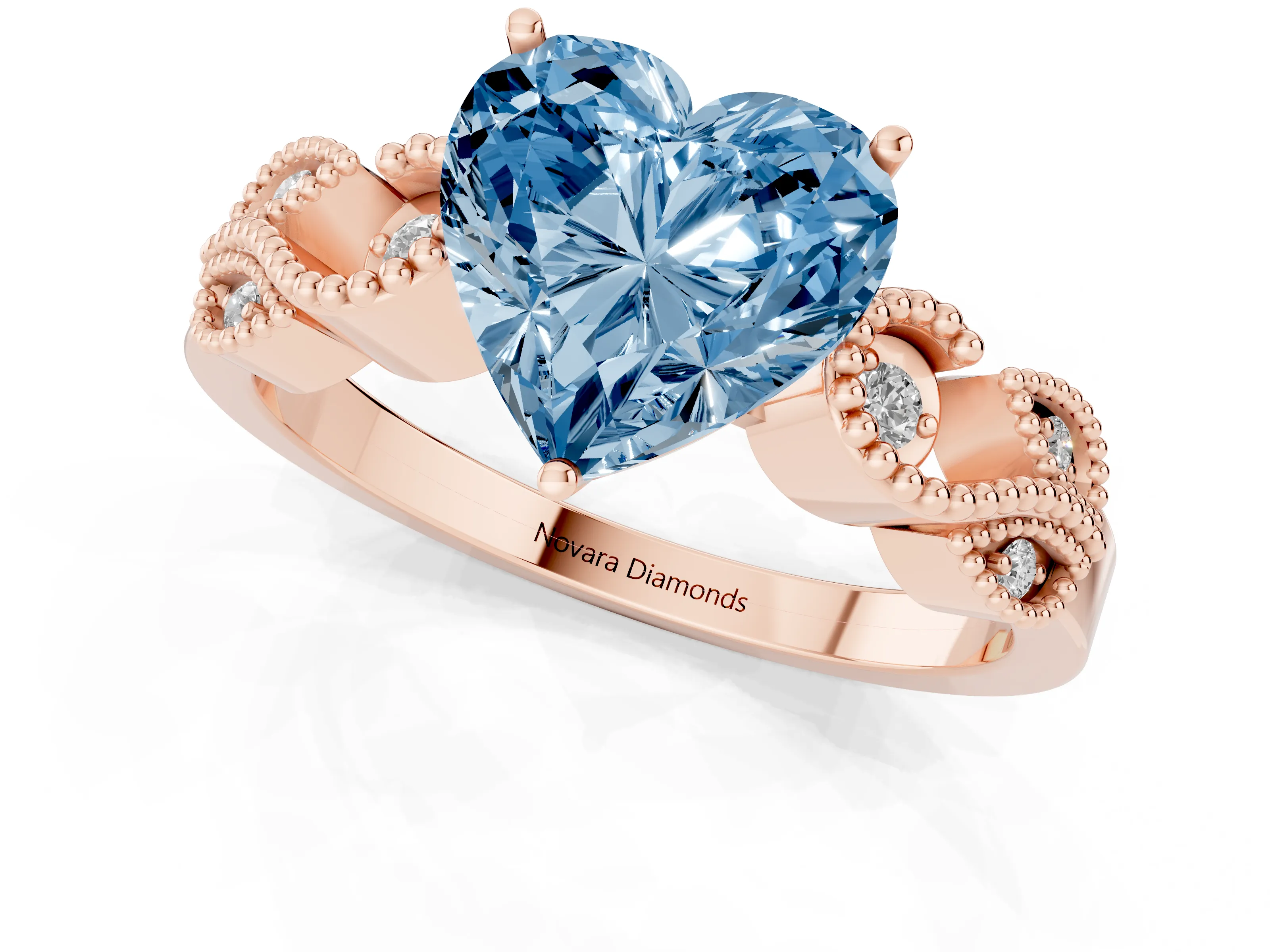 Fancy Blue Heart Cut Diamond Milgrain Leaf Band Solitaire Ring Set in Rose gold with Accent Stones and Prong Setting