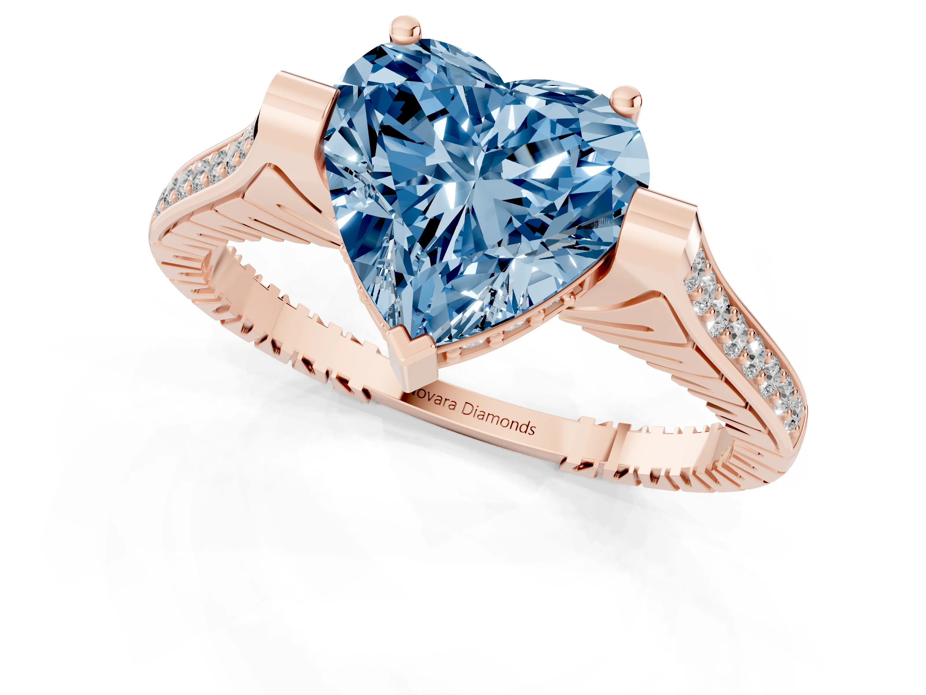Fancy Blue Heart Cut Diamond Solitaire Ring Set in Rose gold with Channel Set Band and Bezel Prong Setting