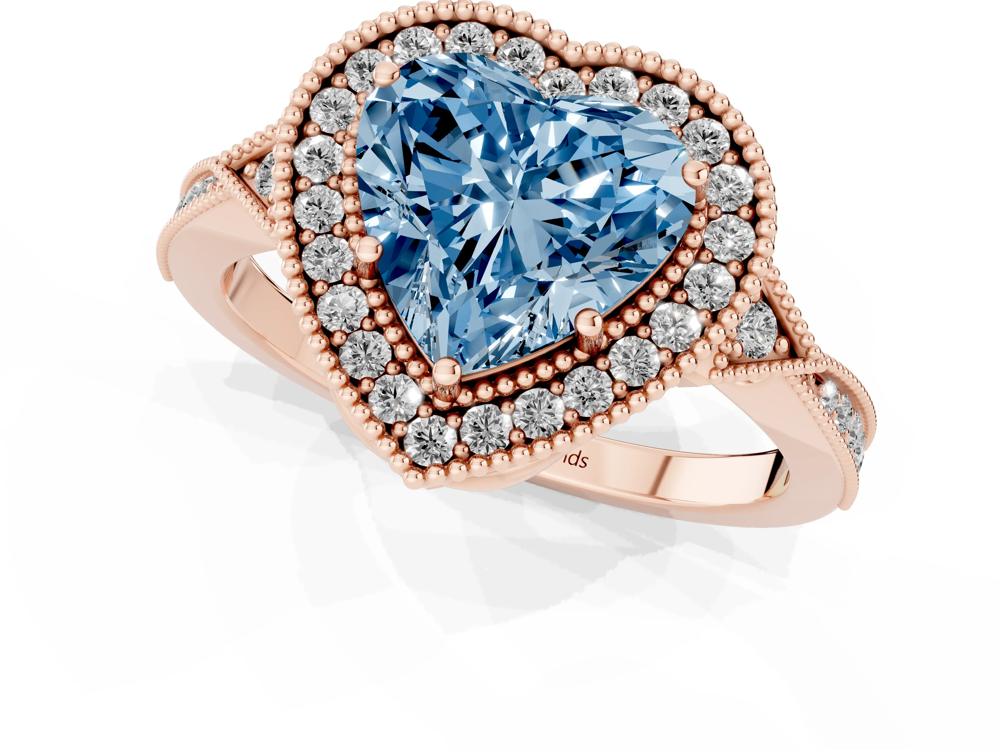 Fancy Blue Heart Cut Diamond Halo Engagement Ring Set in Rose gold with Milgrain Pavé Band