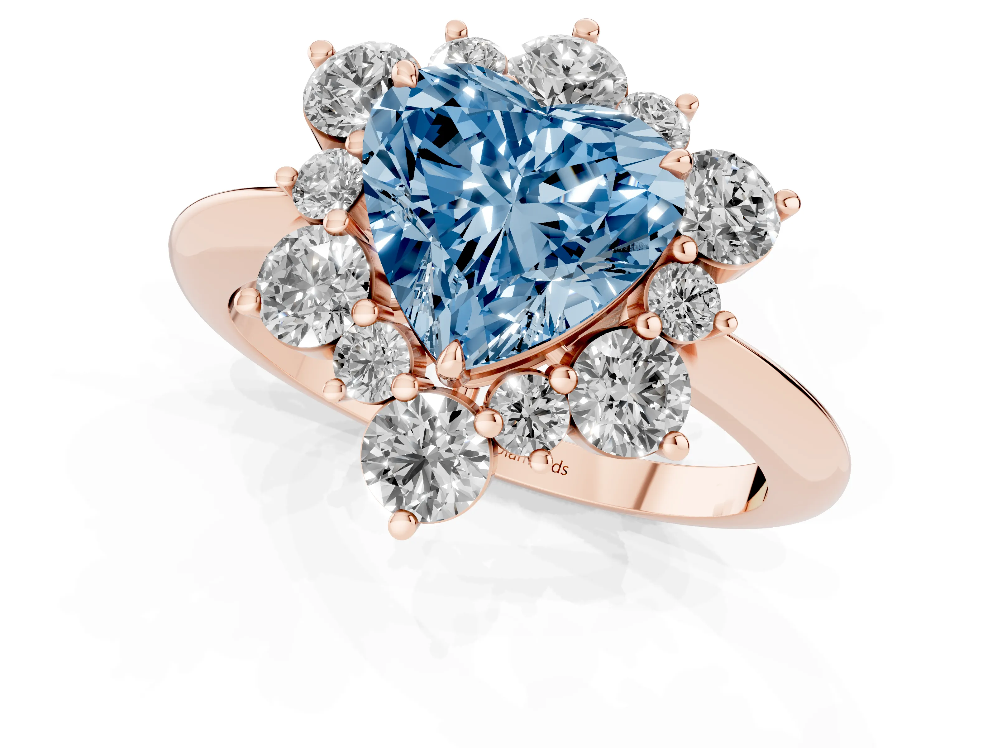 Fancy Blue Heart Cut Diamond Cluster Halo Ring Set in Rose gold with Solitaire Band and Prong Setting