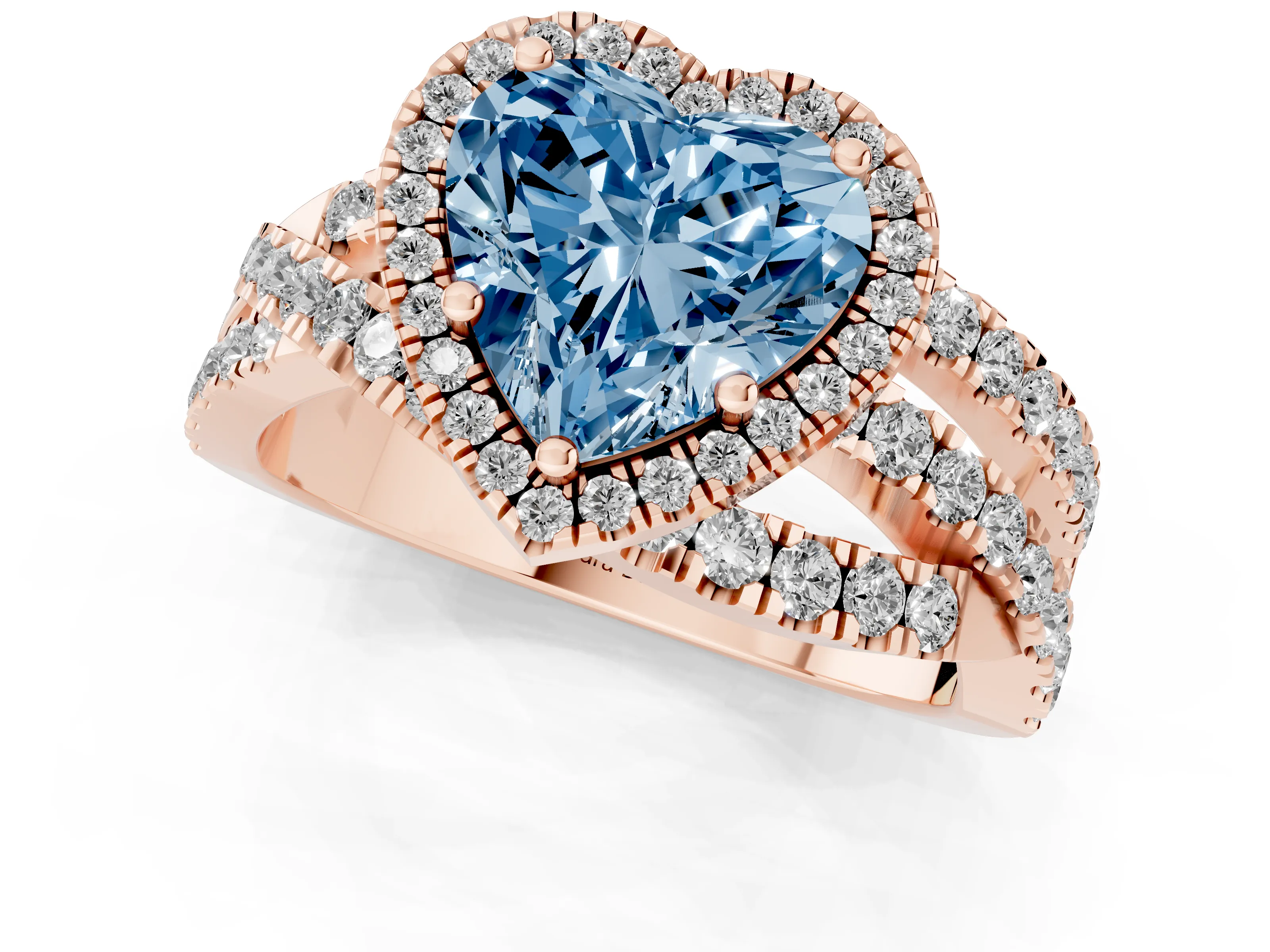Fancy Blue Heart Cut Diamond Halo Ring Set in Rose gold with Round Crossover Split Shank and Prong Setting