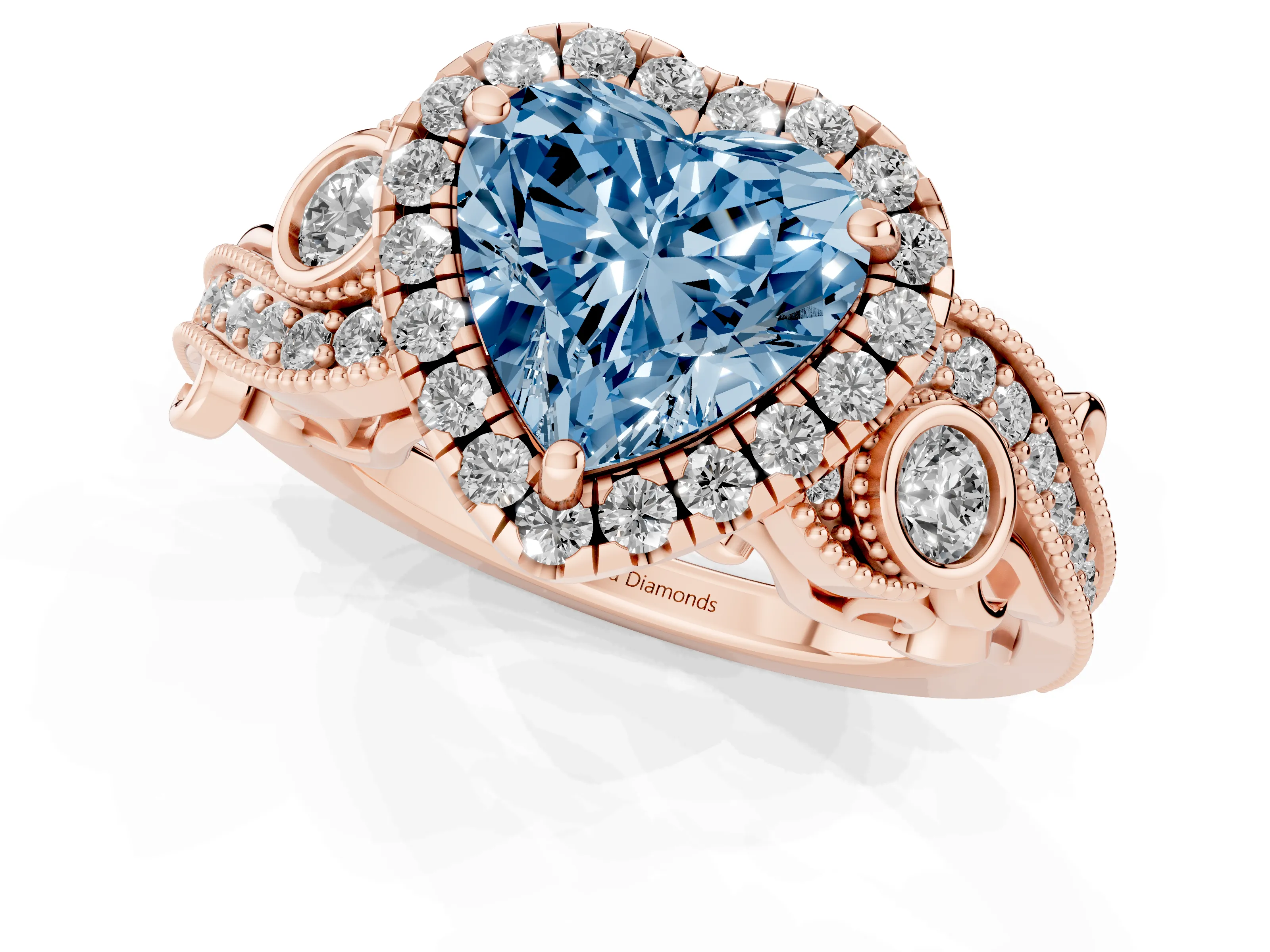 Fancy Blue Heart Cut Diamond Halo Ring Set in Rose gold with Milgrain Pavé Band and Prong Setting