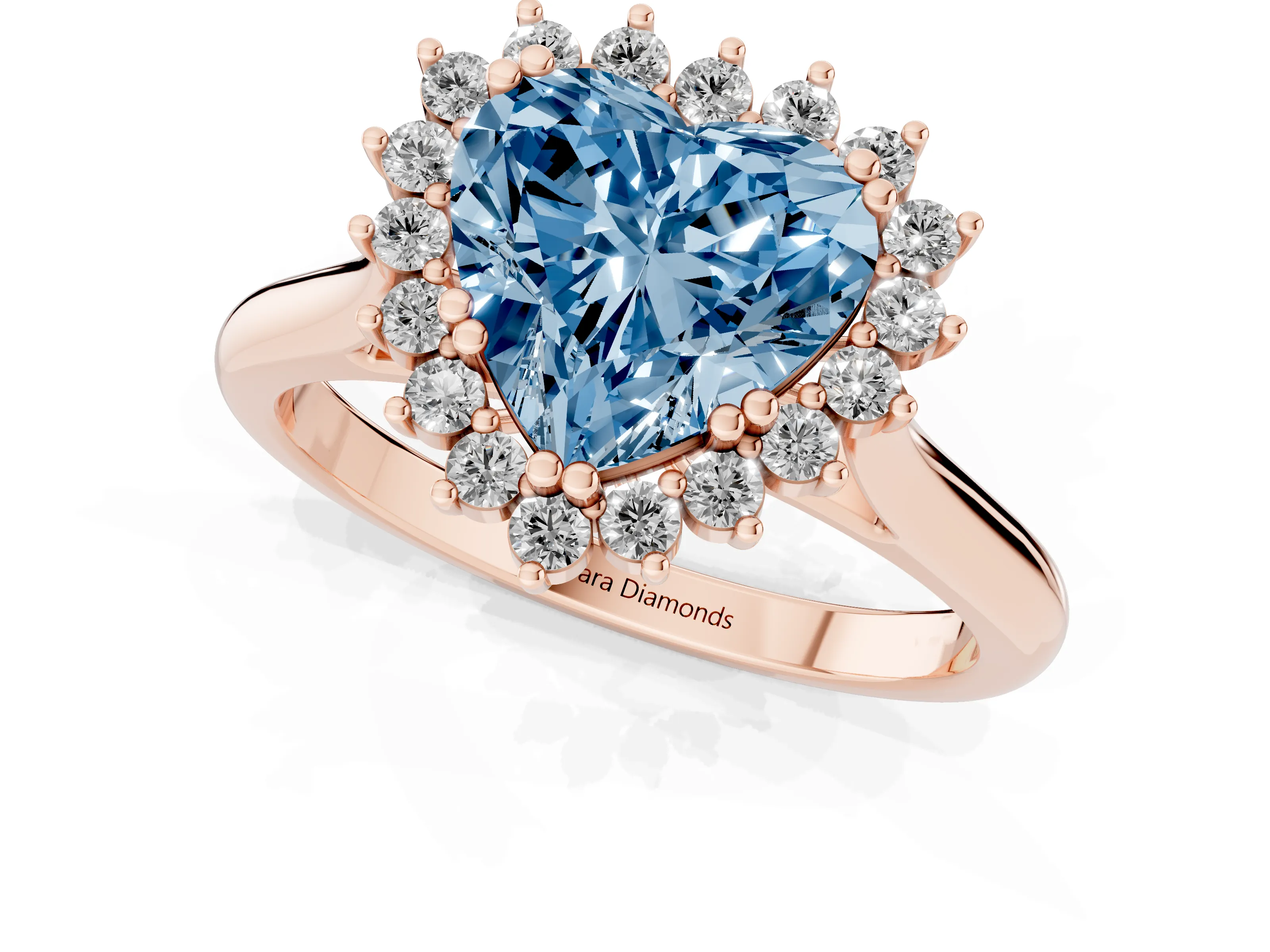 Fancy Blue Heart Cut Diamond Halo Ring Set in Rose gold with Plain Solitaire Band and Prong Setting