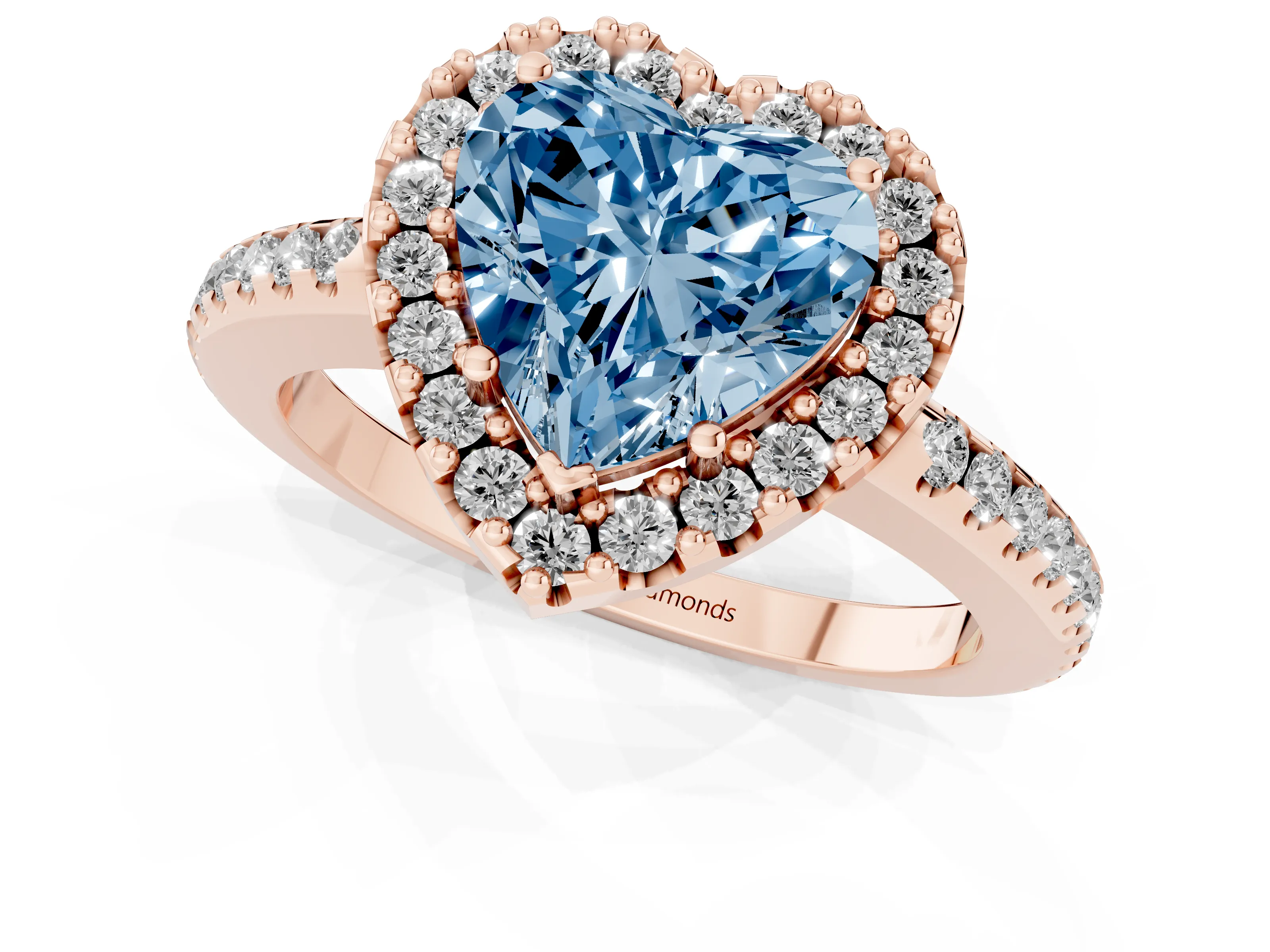 Fancy Blue Heart Cut Diamond Pavé Halo Ring Set in Rose gold with Prong Setting