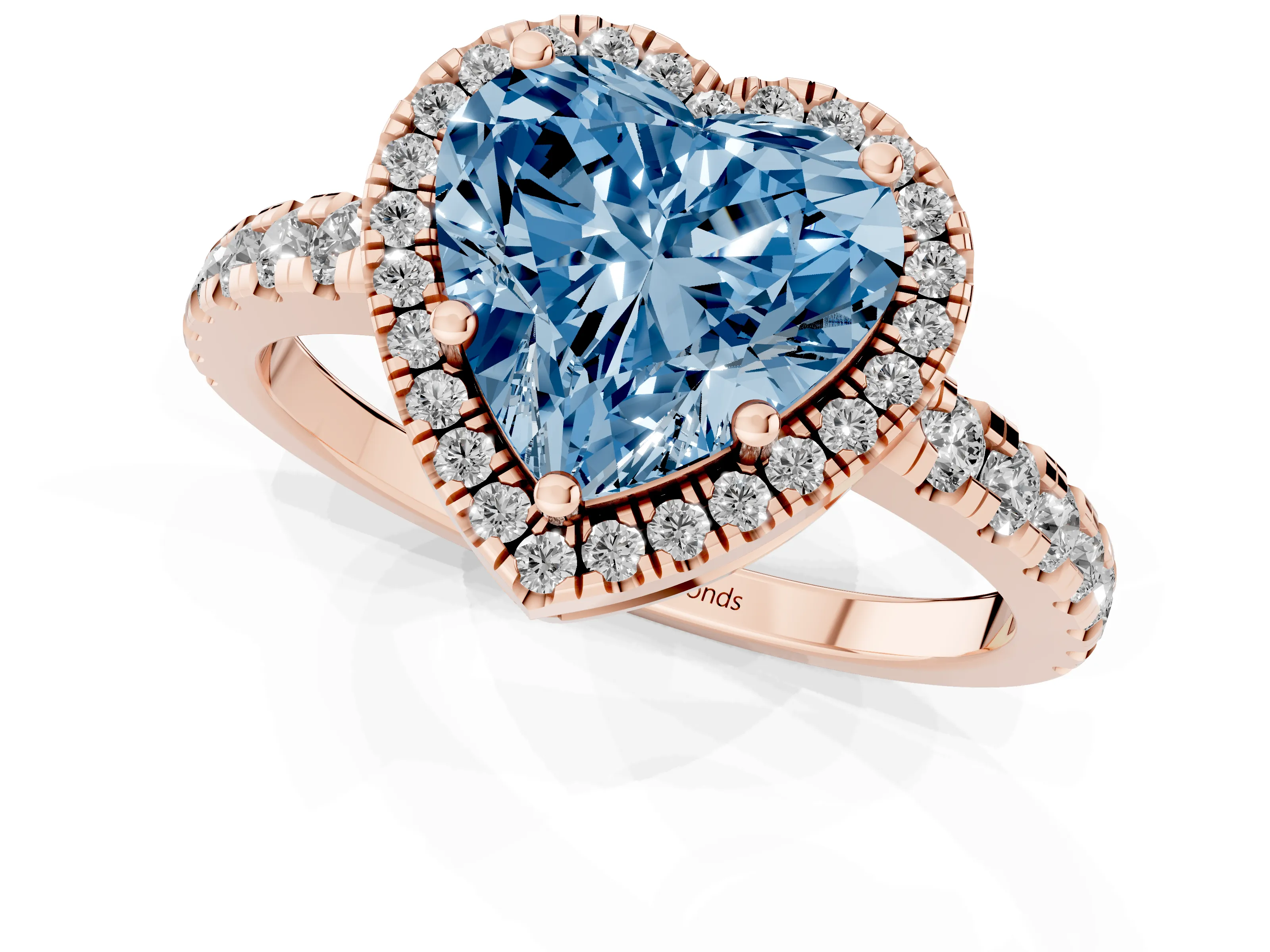 Fancy Blue Heart Cut Diamond Halo Ring Set in Rose gold with Delicate Pavé Band and Prong Setting